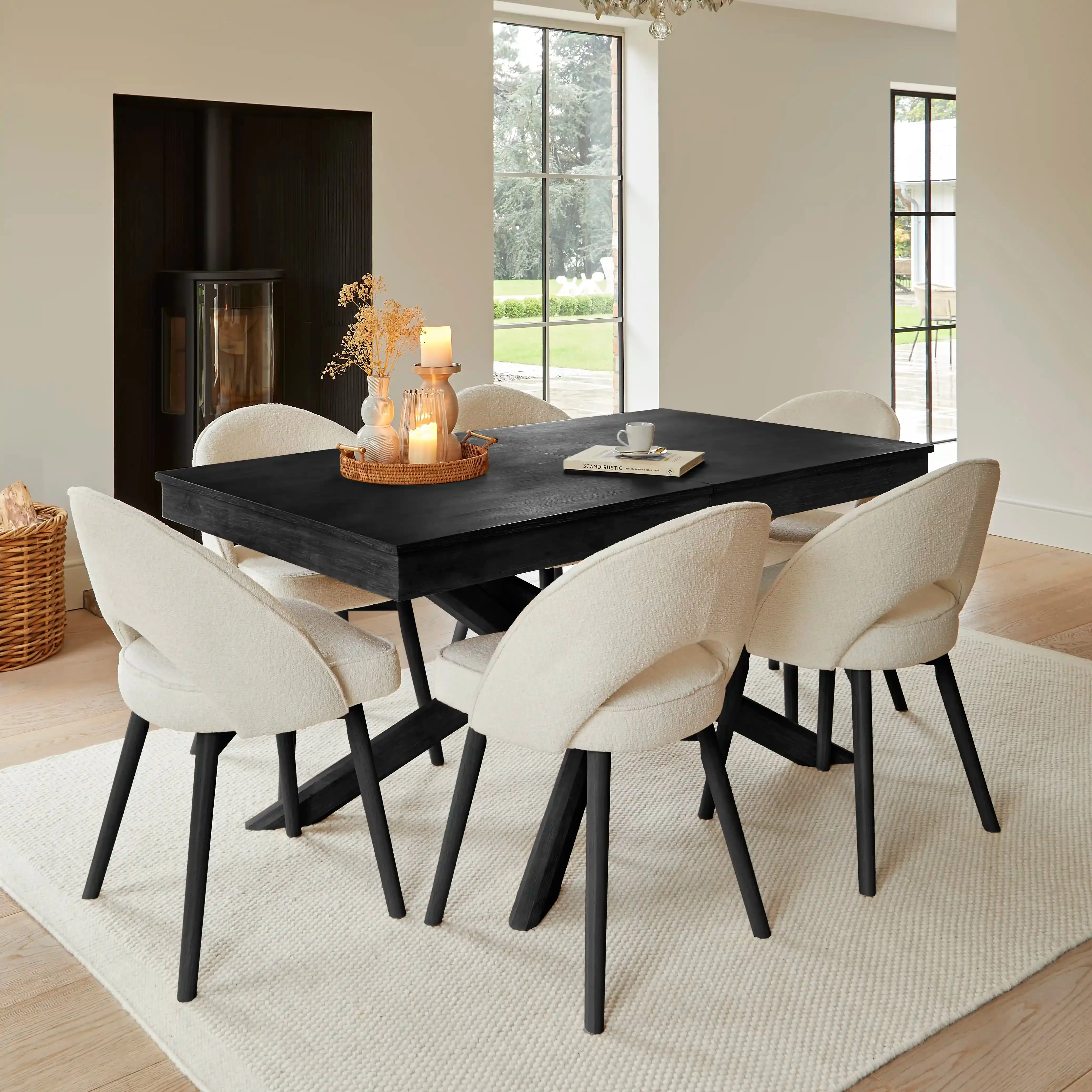 Amelia Black Dining Table Set - 6 Seater - Marilyn Boucle Dining Chairs with Black Legs