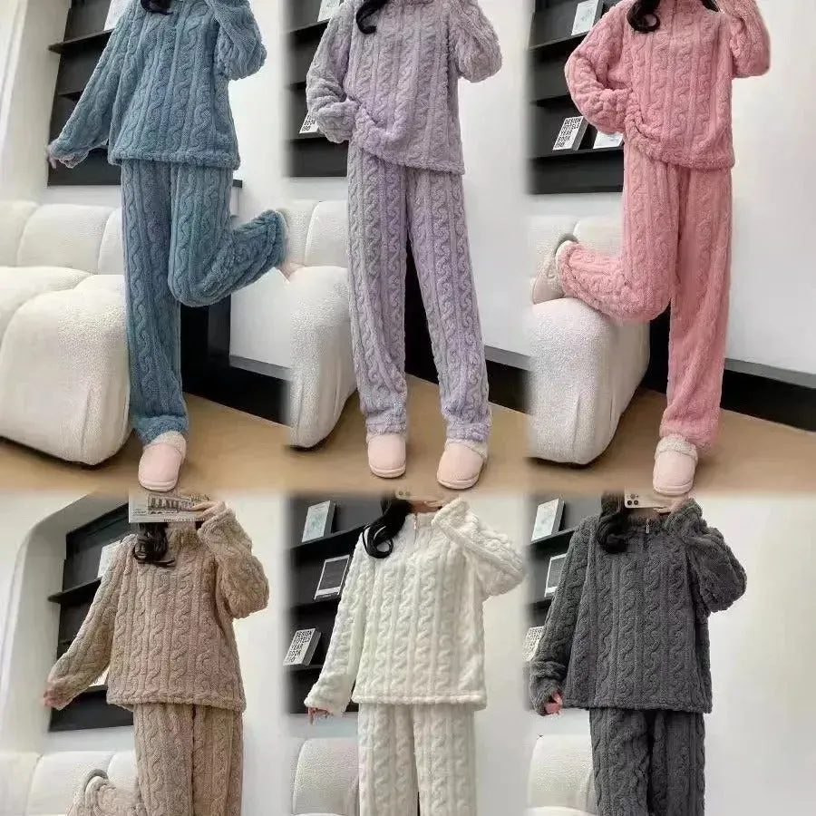 Autumn And Winter New Twist Zipper Couple Fleece-lined Thick Coral Fleece Pajamas Homewear Loungewear Sleepwear For Sleeping