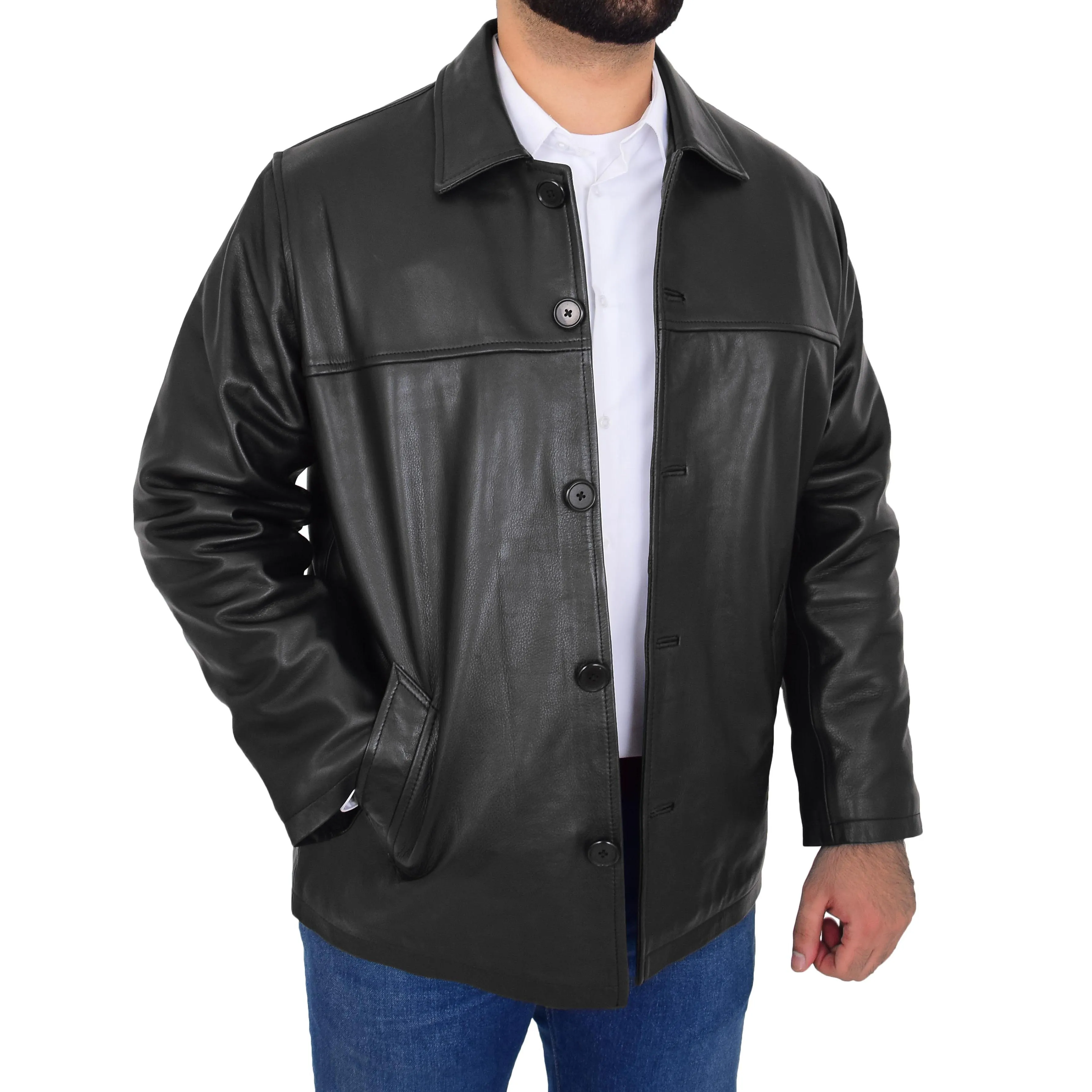 Gents Real Leather Button Box Jacket Classic Regular Fit Coat Luis Black