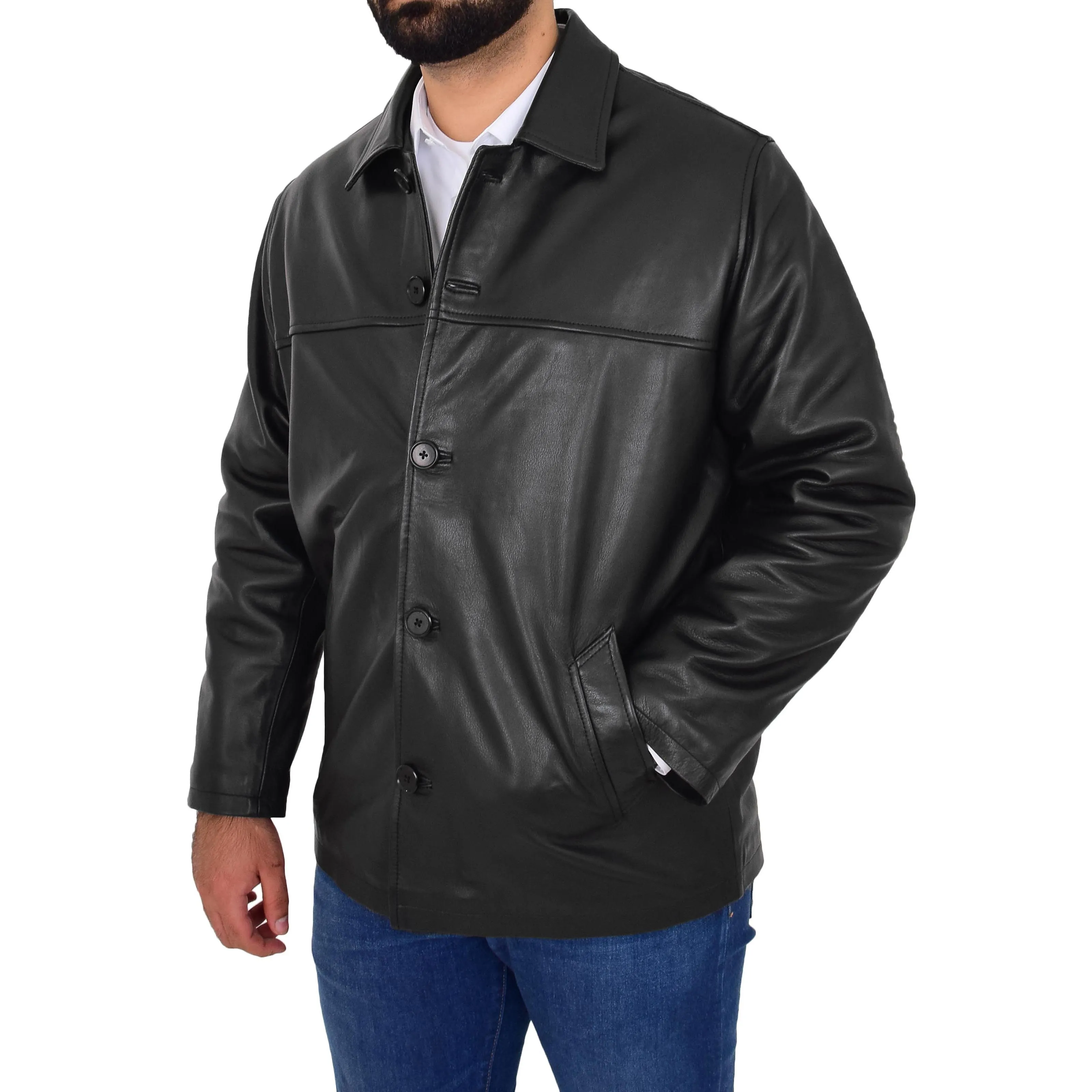 Gents Real Leather Button Box Jacket Classic Regular Fit Coat Luis Black