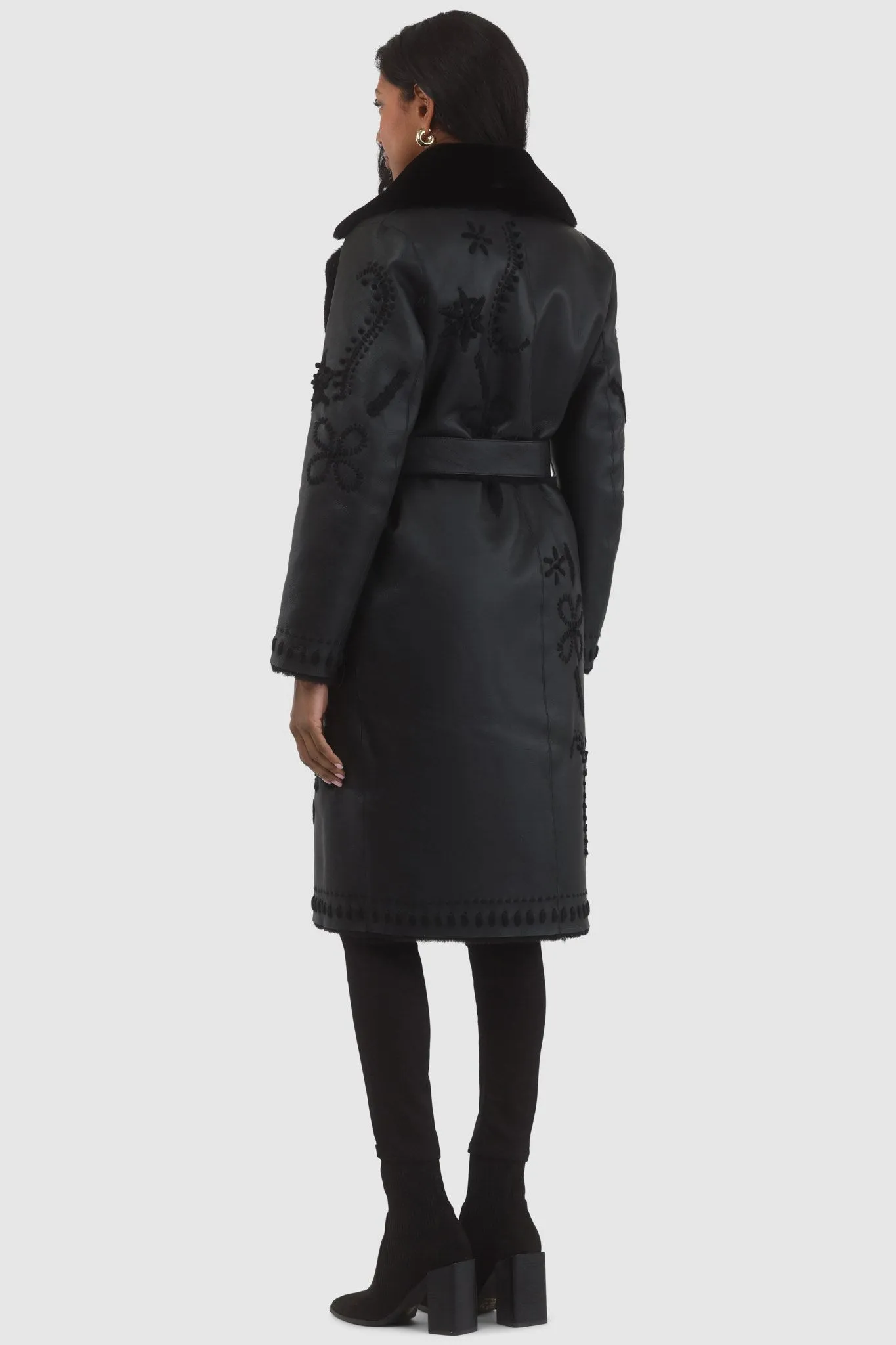 Merino Shearling Lamb Short Coat with Embroidery, Belt