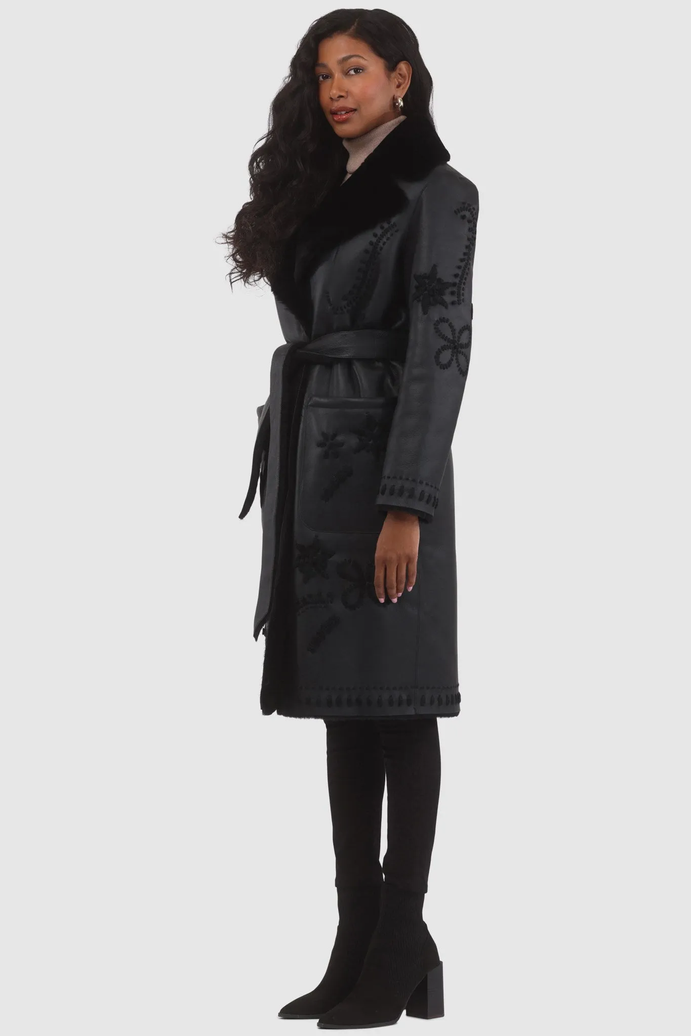 Merino Shearling Lamb Short Coat with Embroidery, Belt