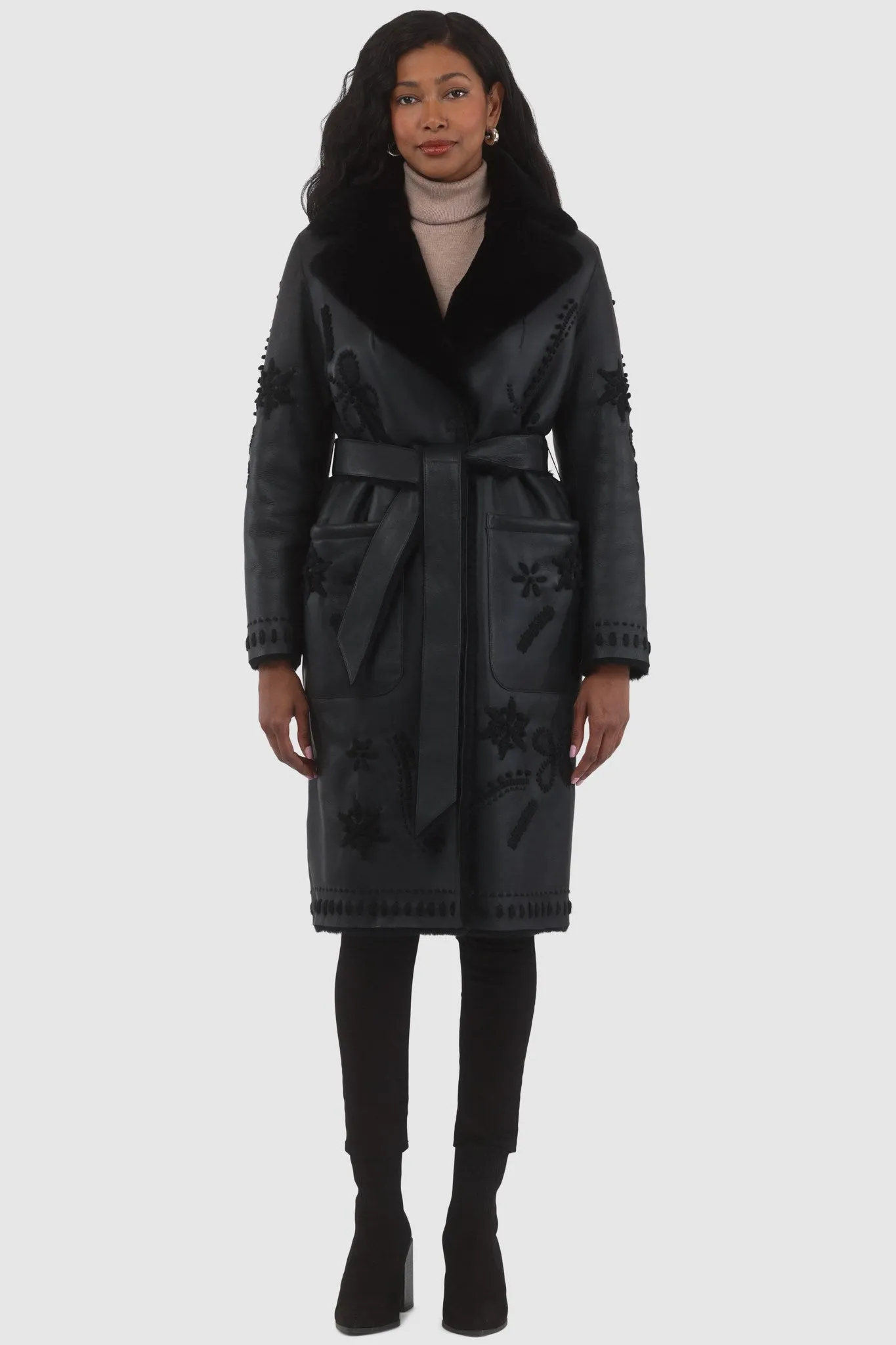 Merino Shearling Lamb Short Coat with Embroidery, Belt