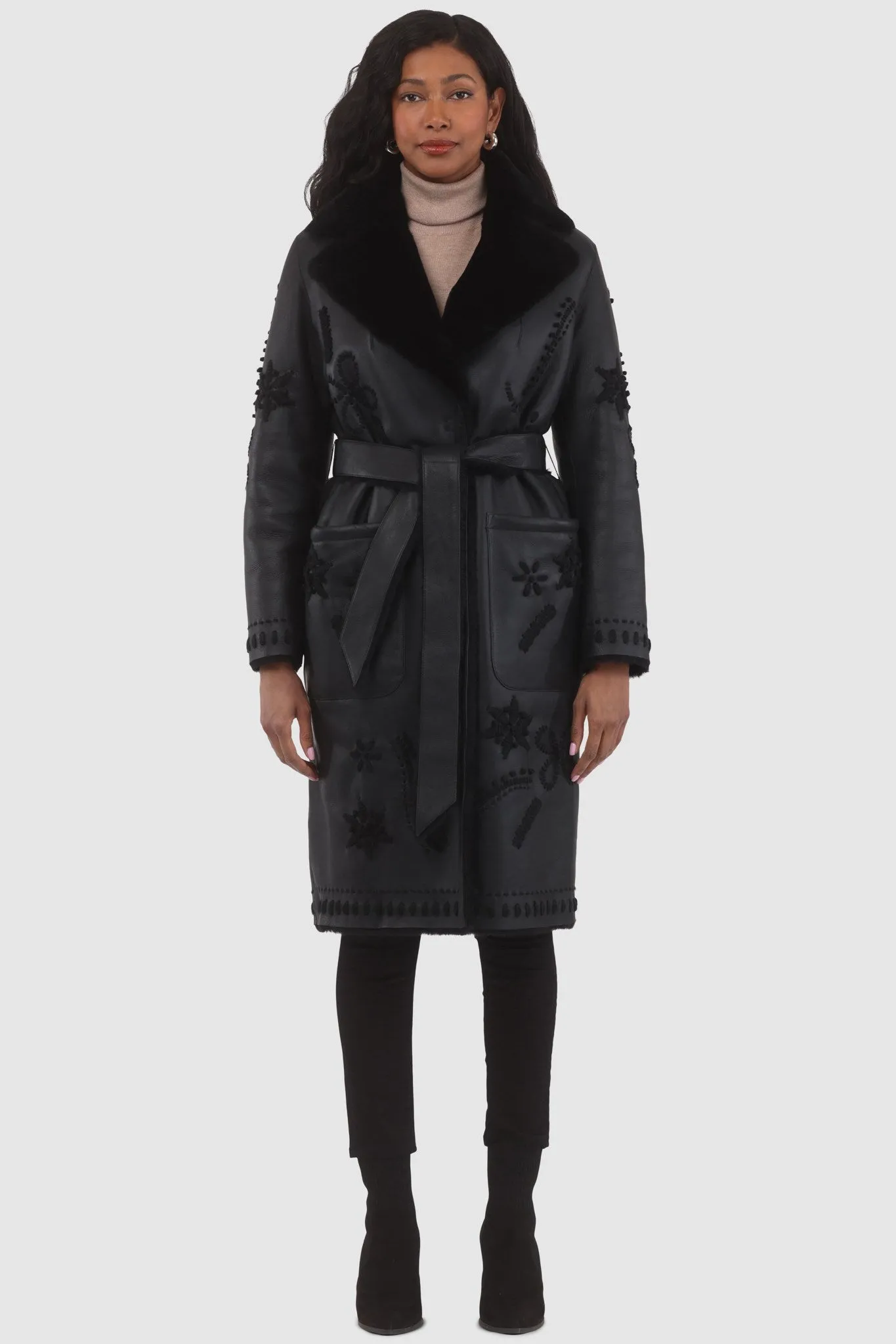 Merino Shearling Lamb Short Coat with Embroidery, Belt