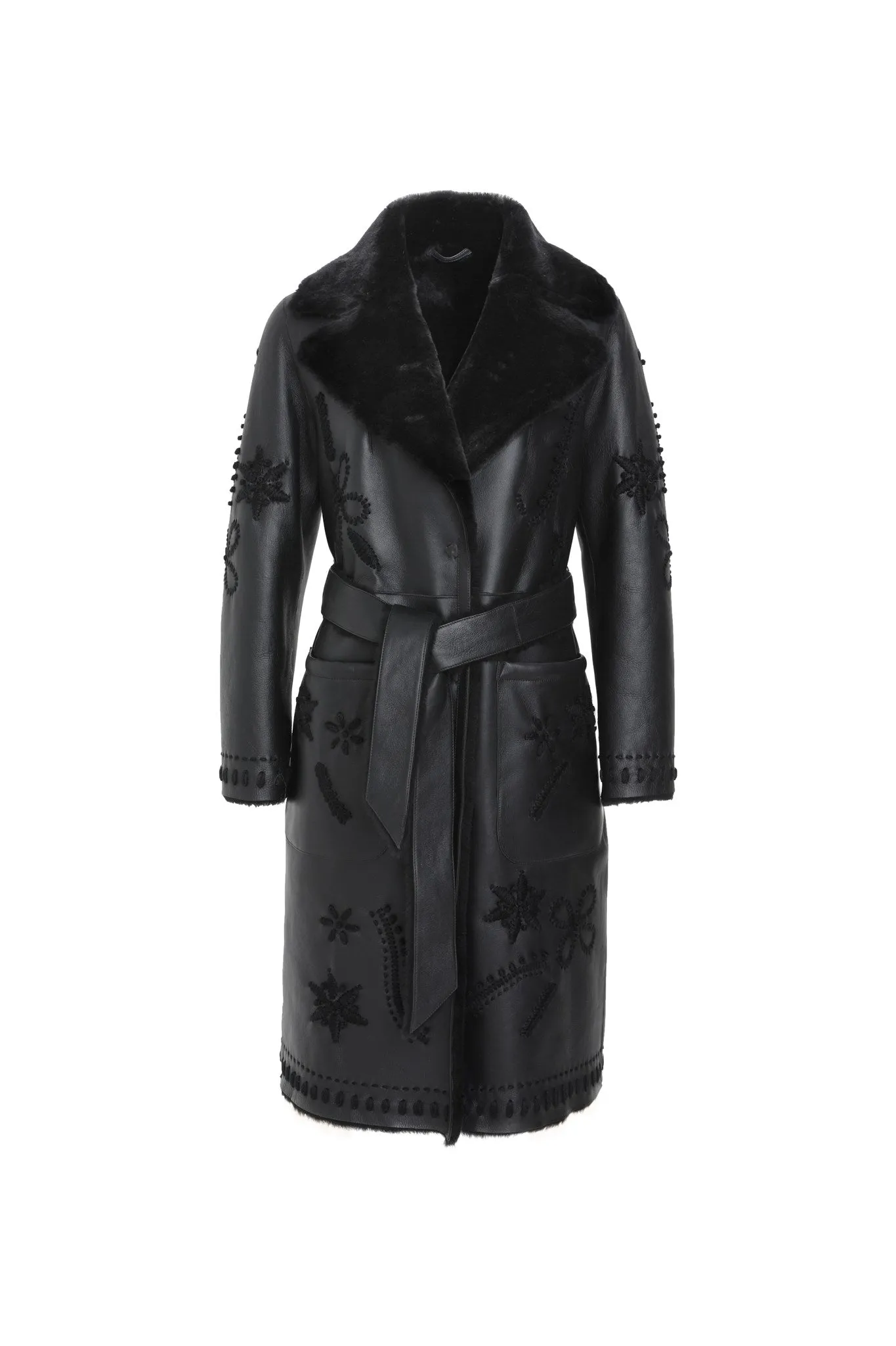 Merino Shearling Lamb Short Coat with Embroidery, Belt