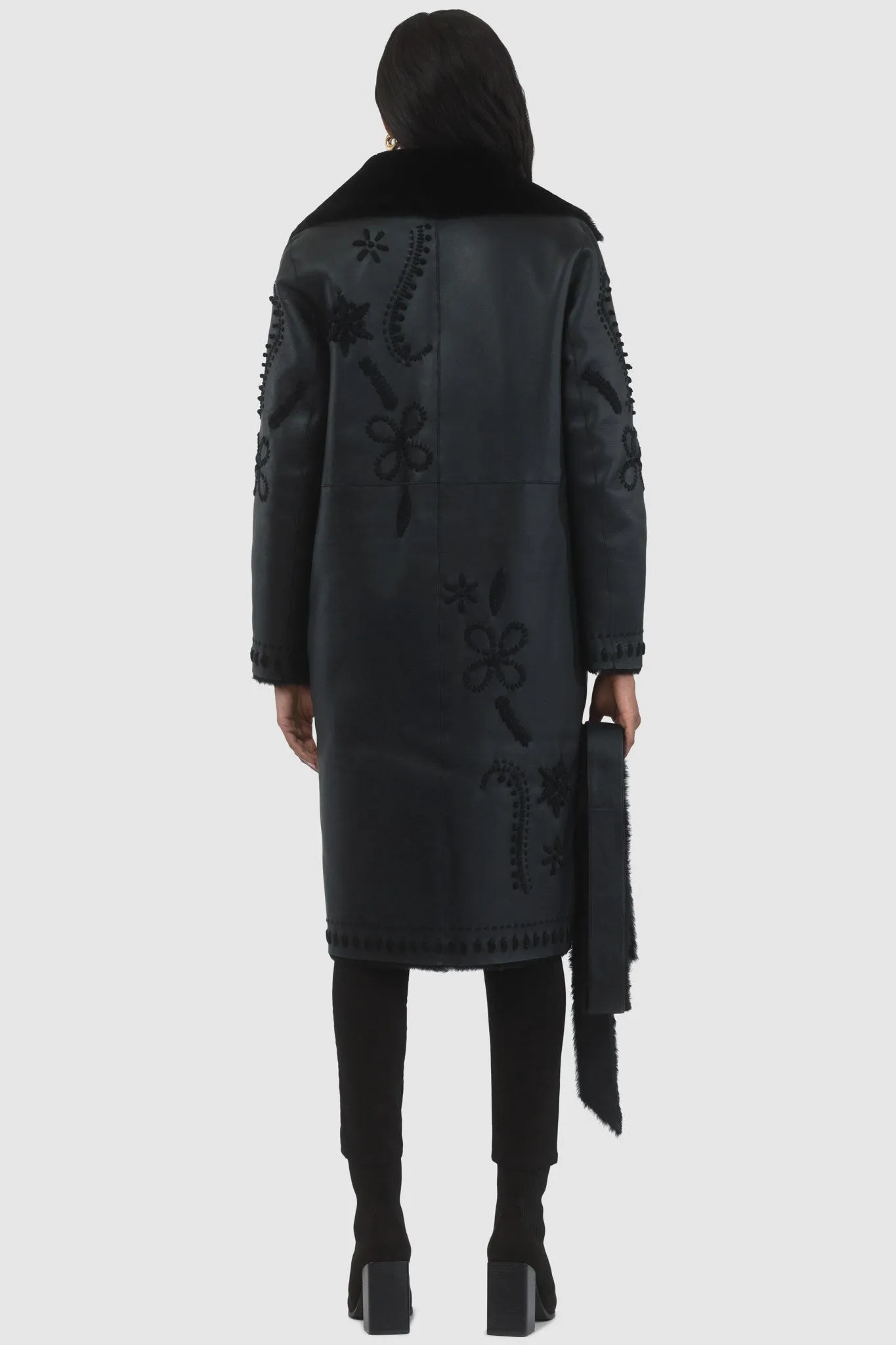 Merino Shearling Lamb Short Coat with Embroidery, Belt