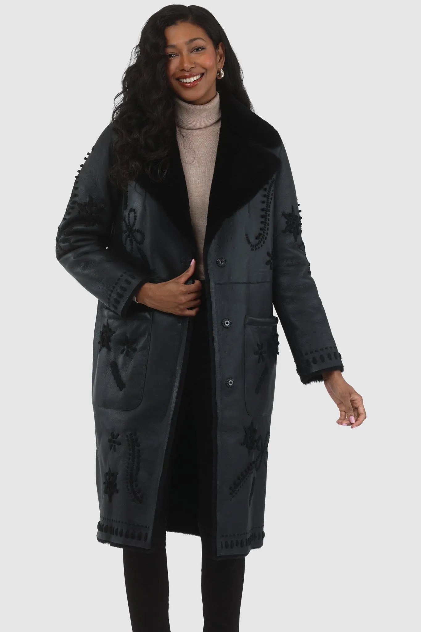 Merino Shearling Lamb Short Coat with Embroidery, Belt