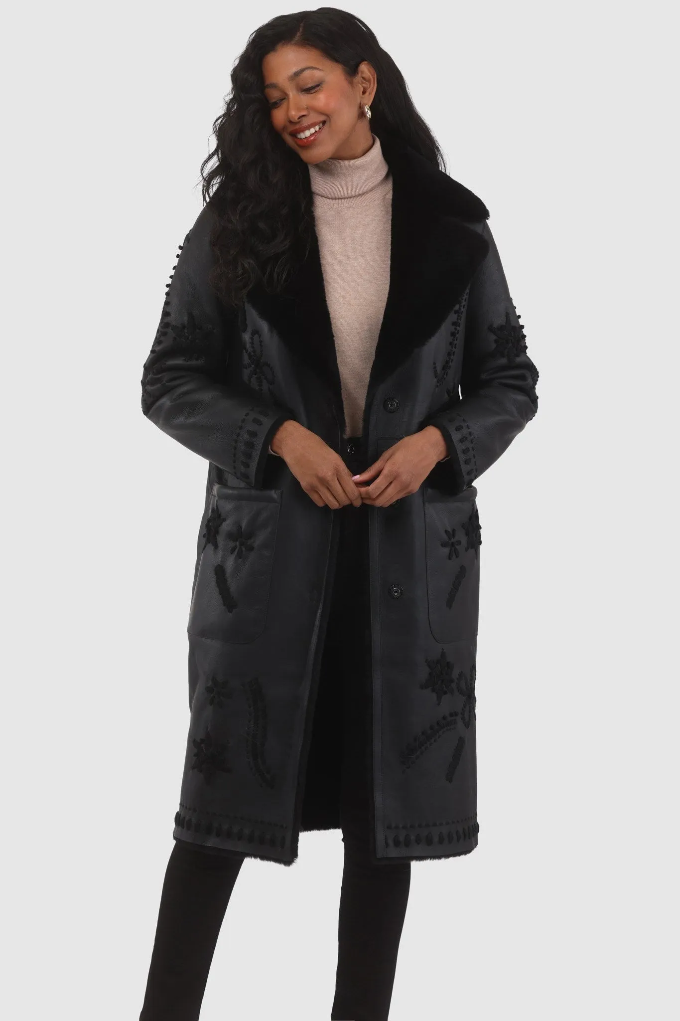 Merino Shearling Lamb Short Coat with Embroidery, Belt