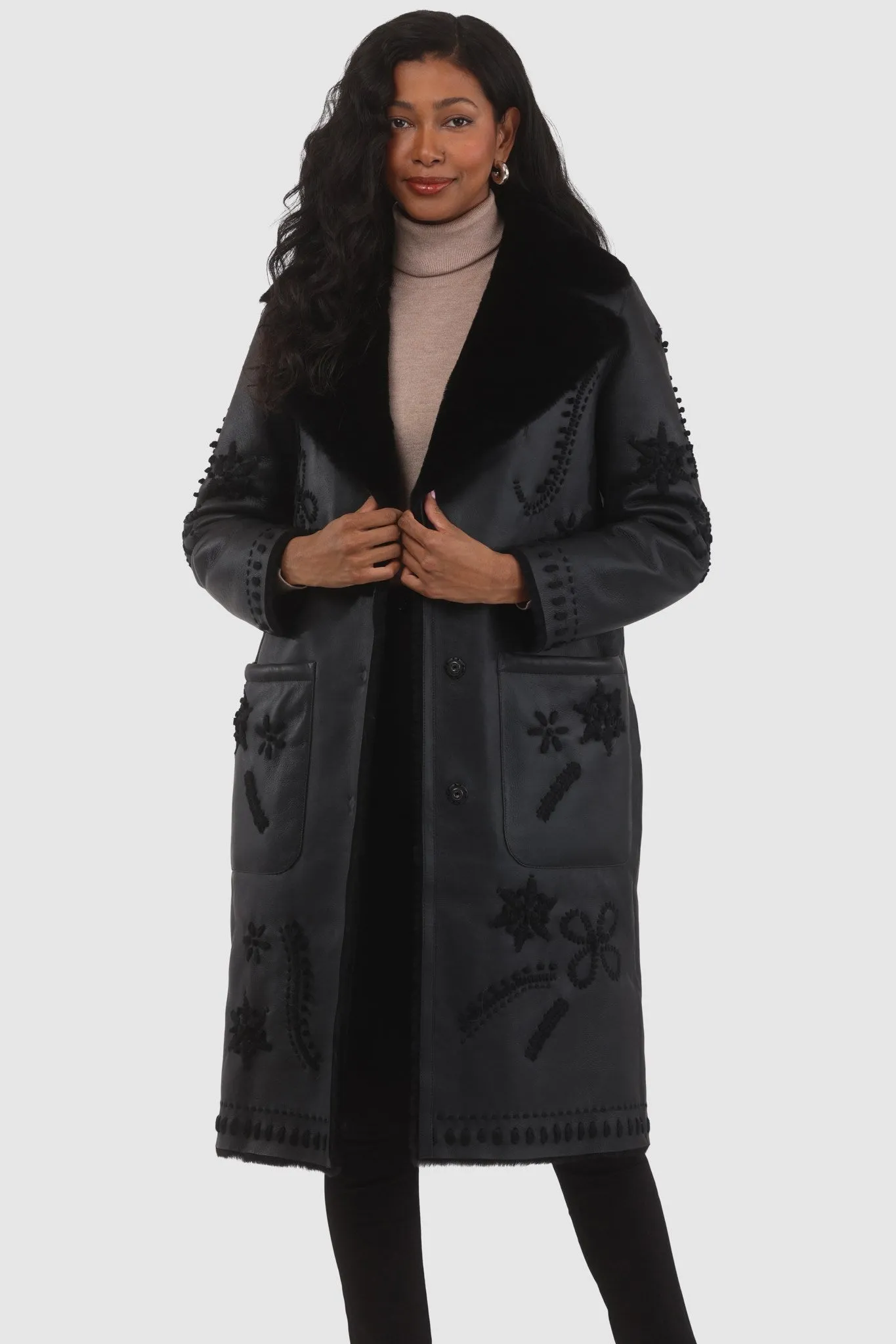 Merino Shearling Lamb Short Coat with Embroidery, Belt