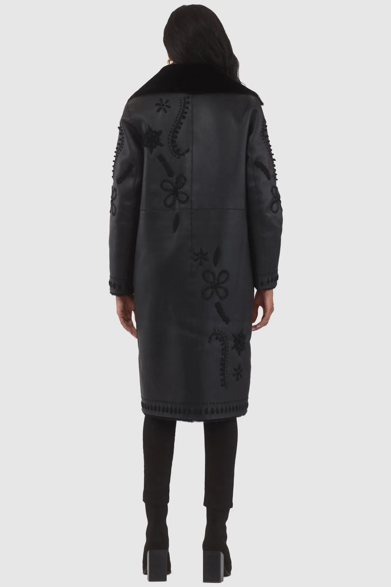 Merino Shearling Lamb Short Coat with Embroidery, Belt