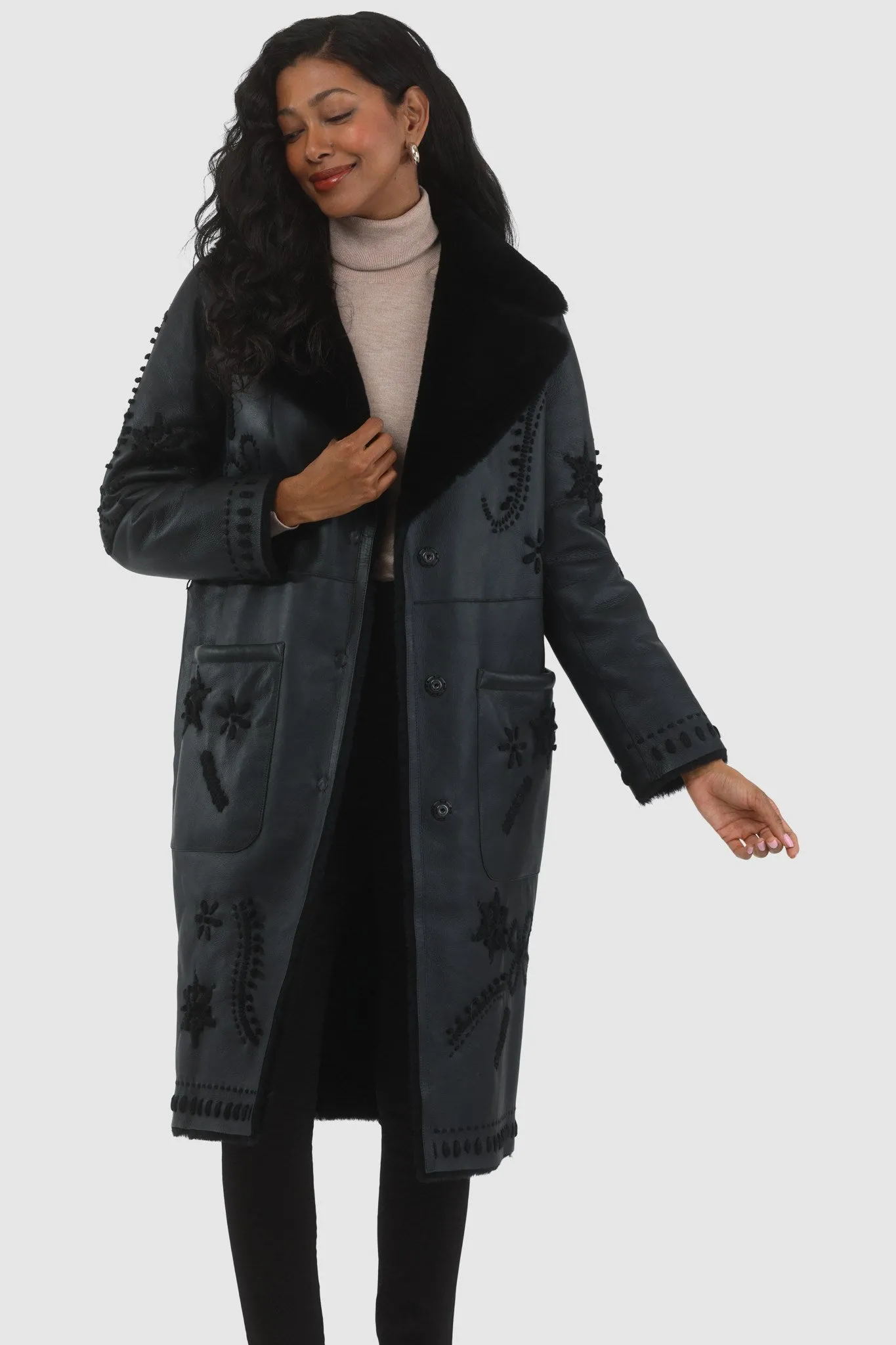 Merino Shearling Lamb Short Coat with Embroidery, Belt