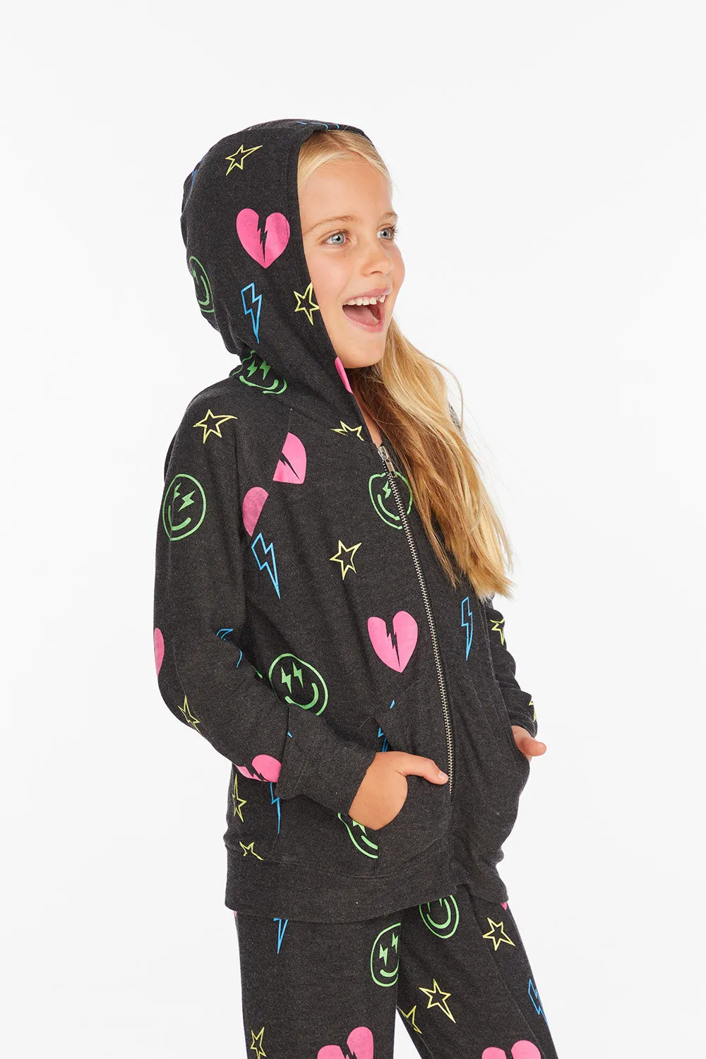 Neon Heart & Smiles Girls Zip-up Hoodie