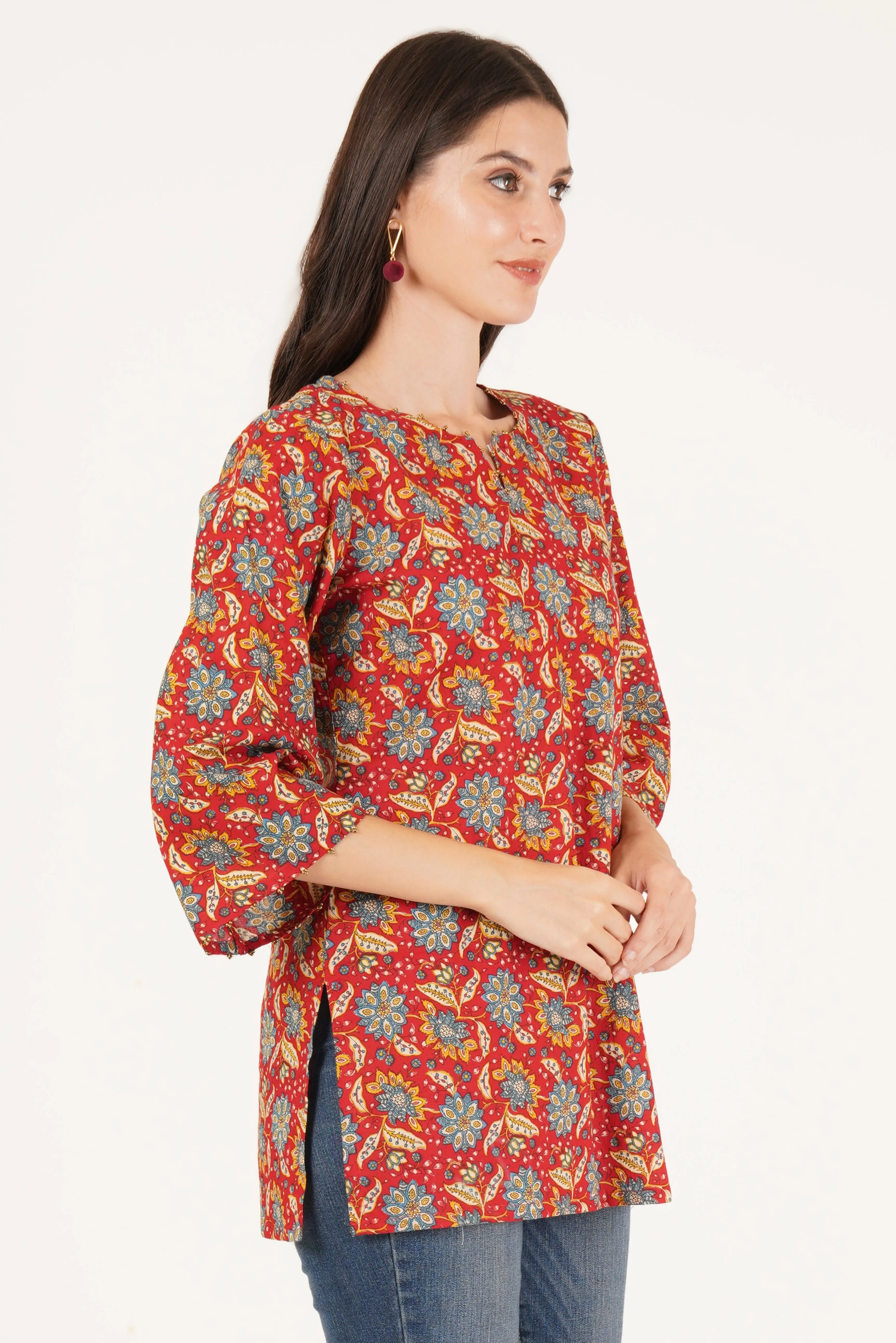 Red Floral Cotton Short Kurti for Women