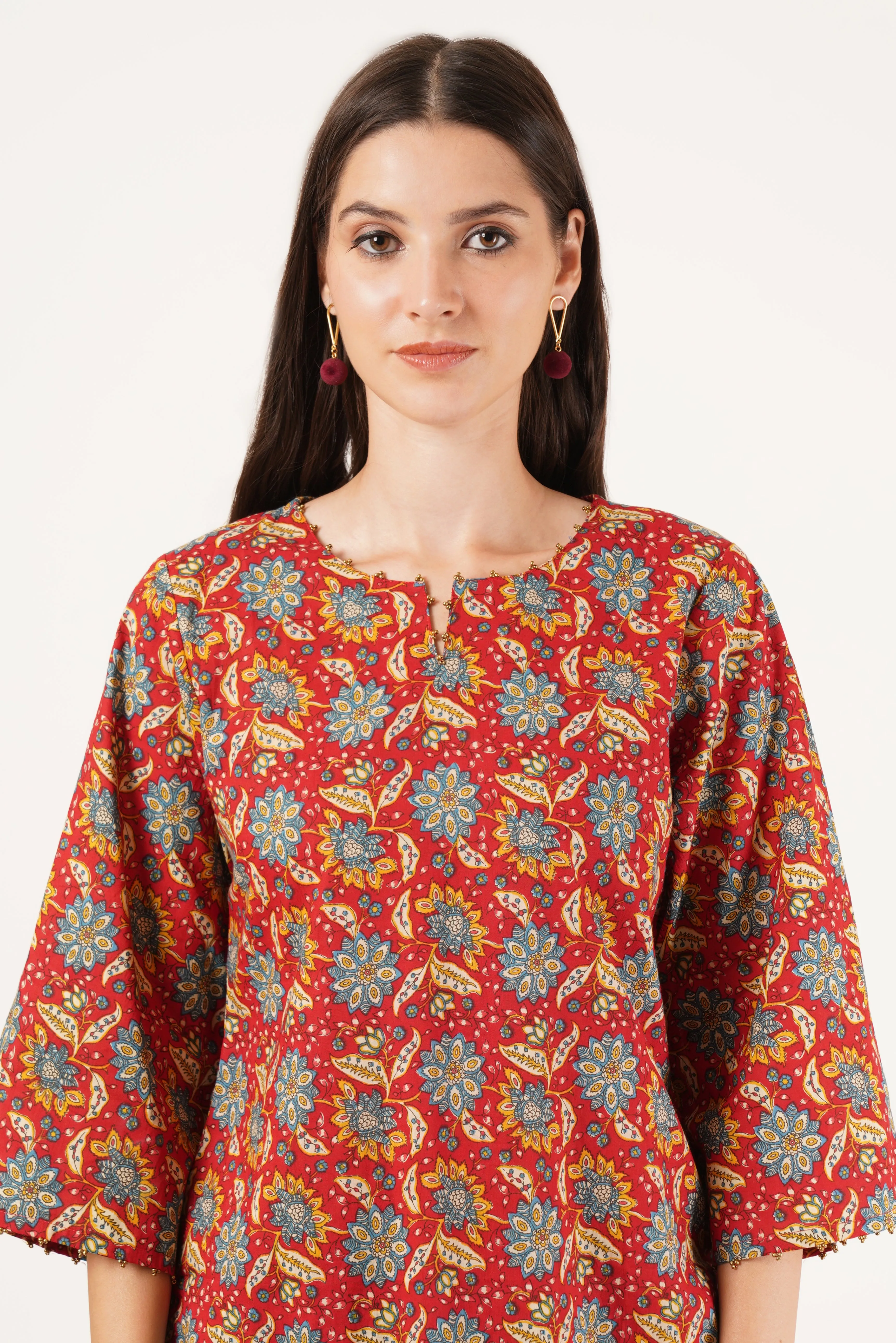 Red Floral Cotton Short Kurti for Women