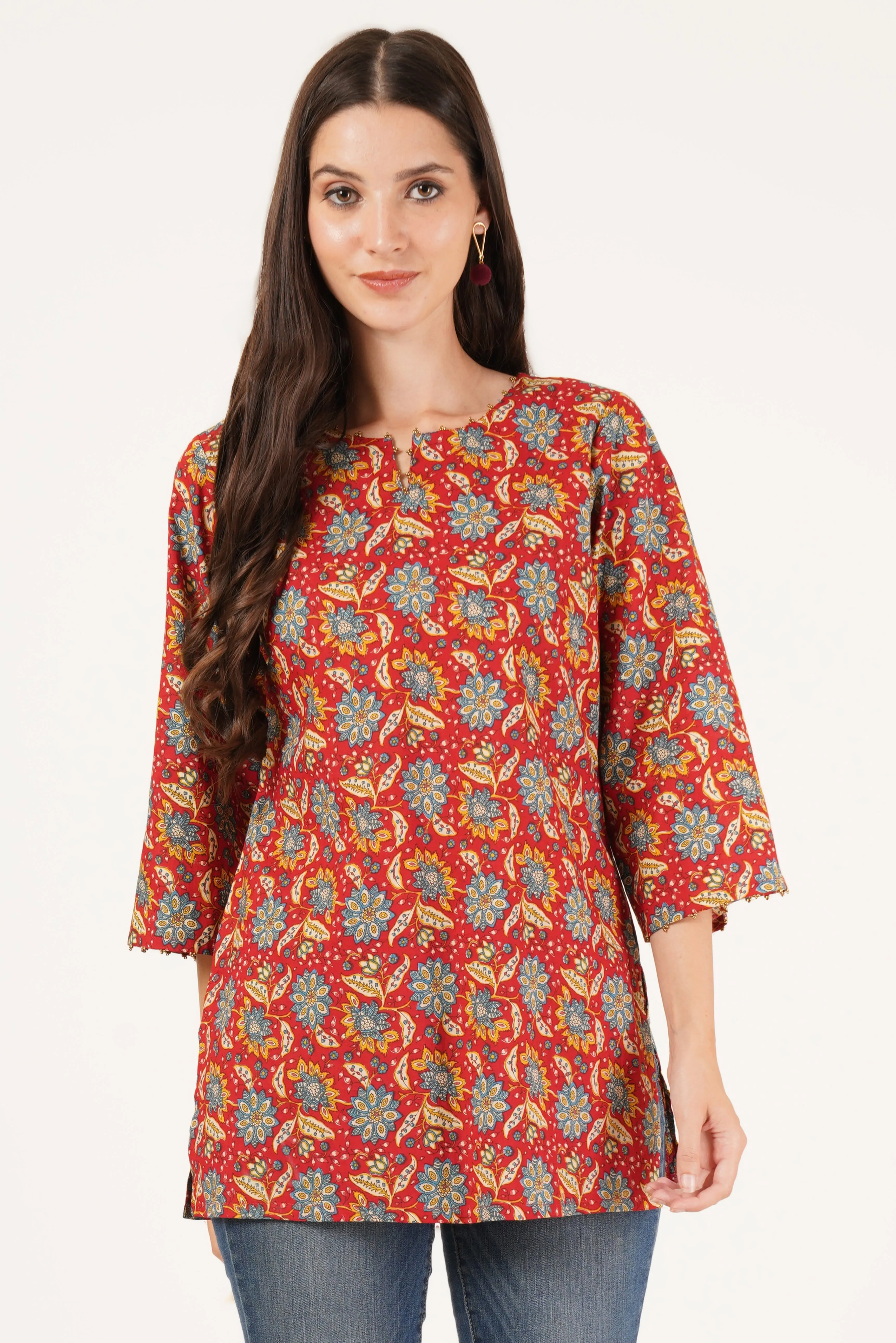 Red Floral Cotton Short Kurti for Women