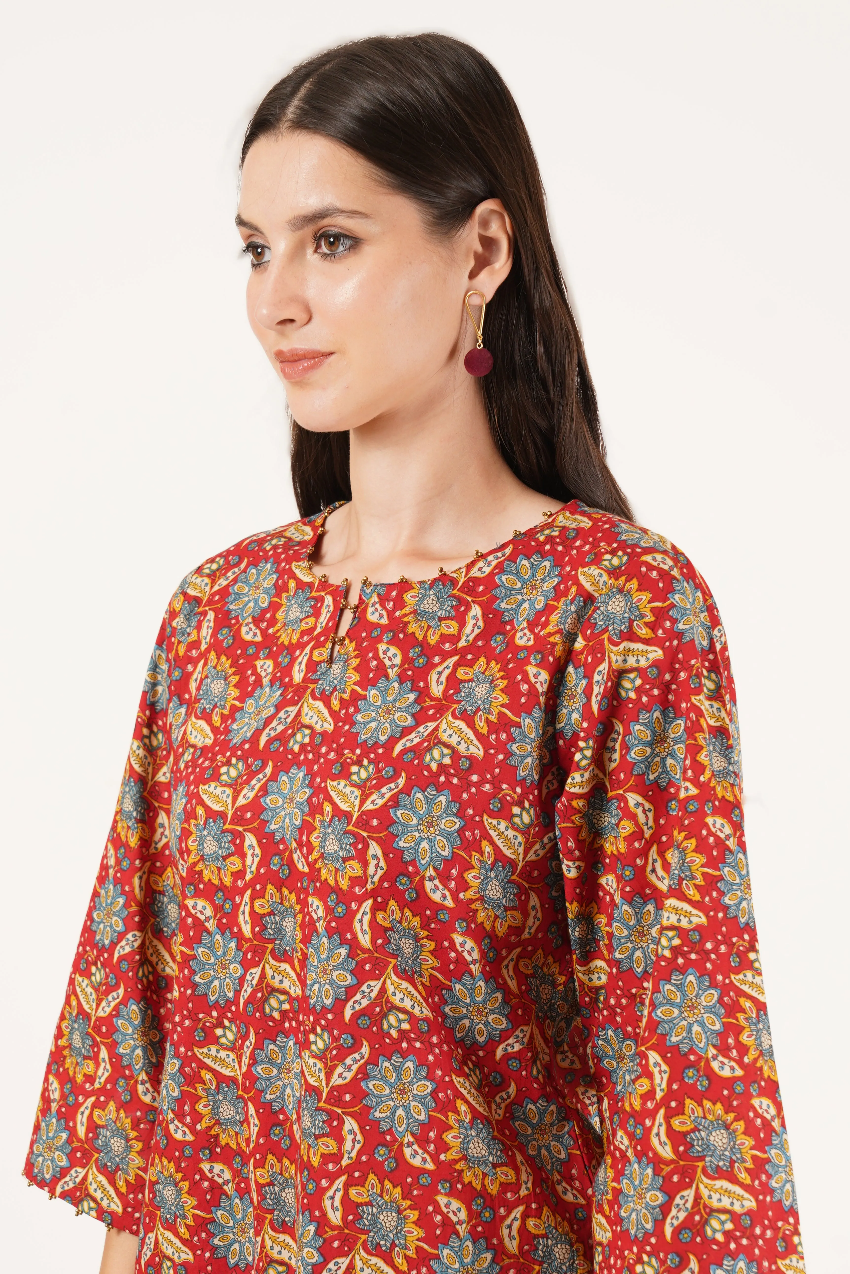 Red Floral Cotton Short Kurti for Women