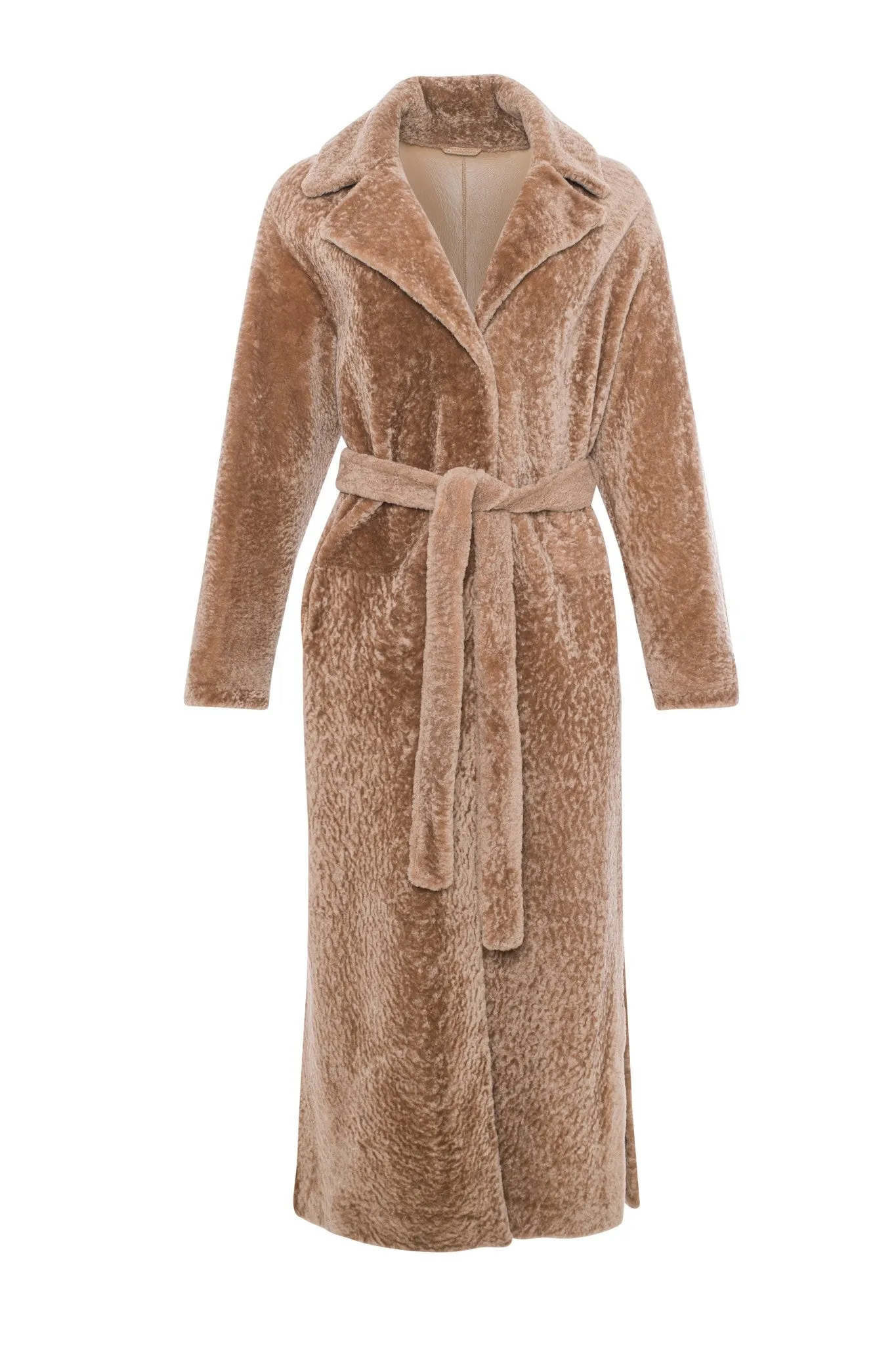 Reversible Select Shearling Lamb Coat with Side Slits and Belt