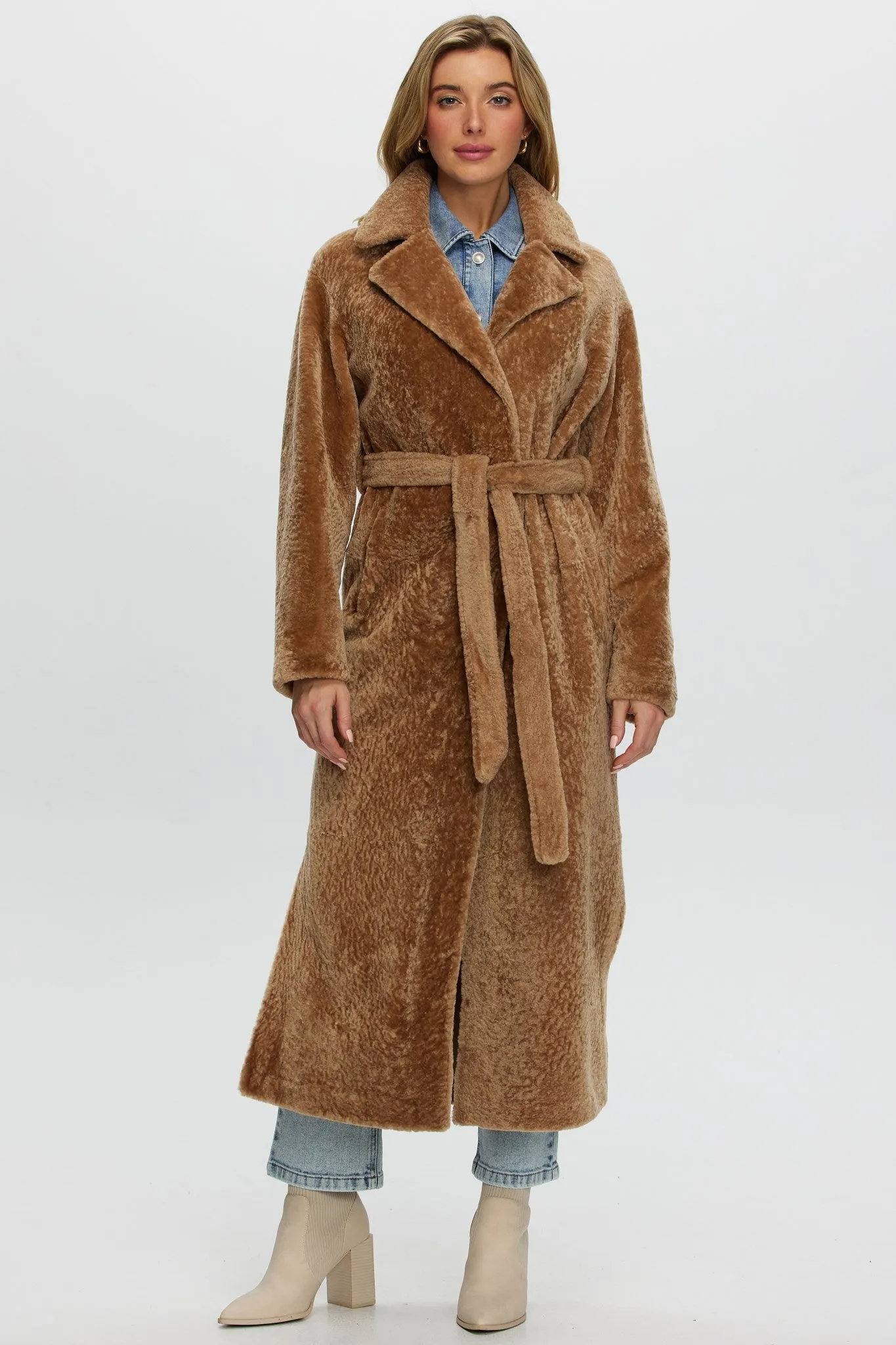 Reversible Select Shearling Lamb Coat with Side Slits and Belt