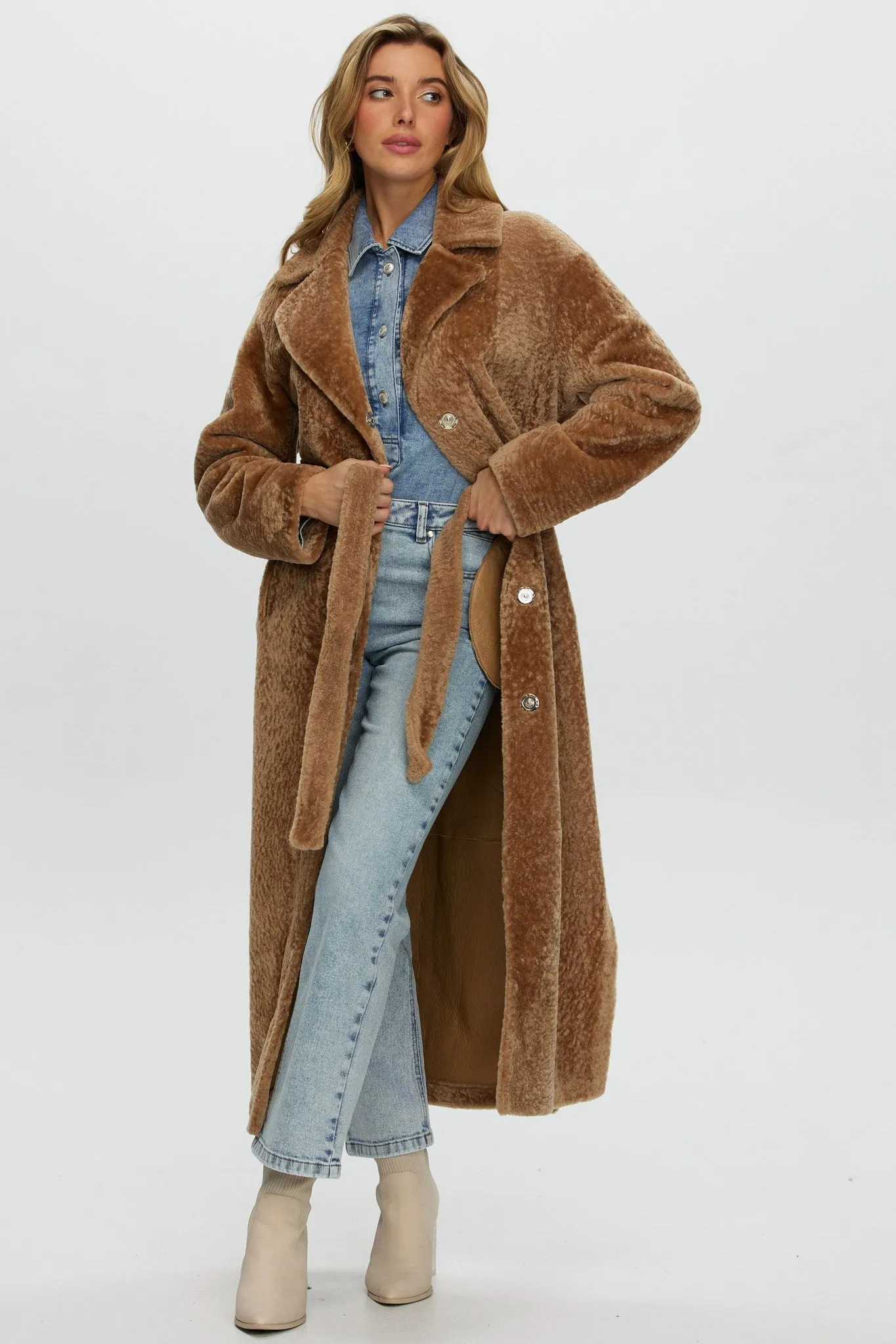 Reversible Select Shearling Lamb Coat with Side Slits and Belt