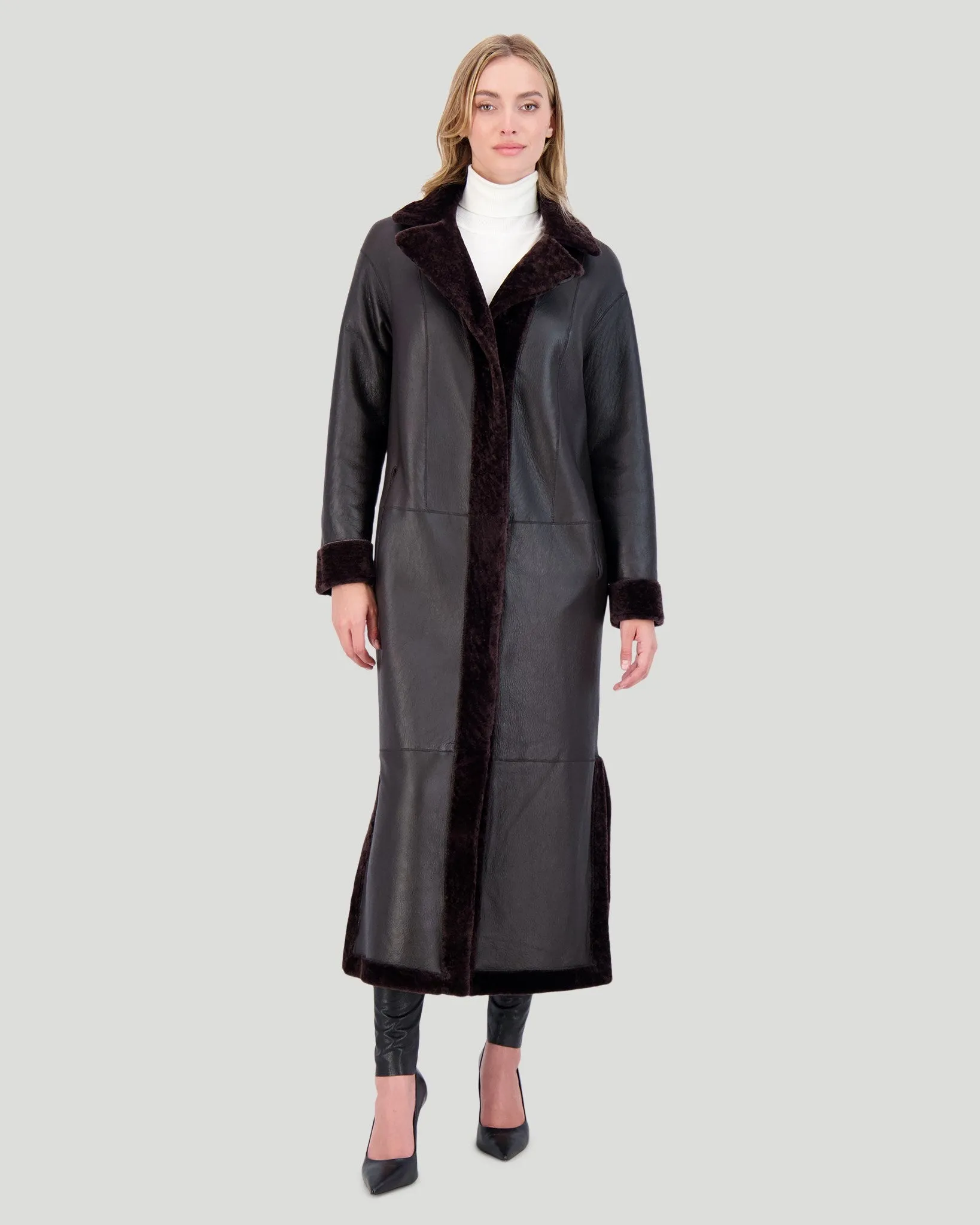 Reversible Select Shearling Lamb Coat with Side Slits and Belt