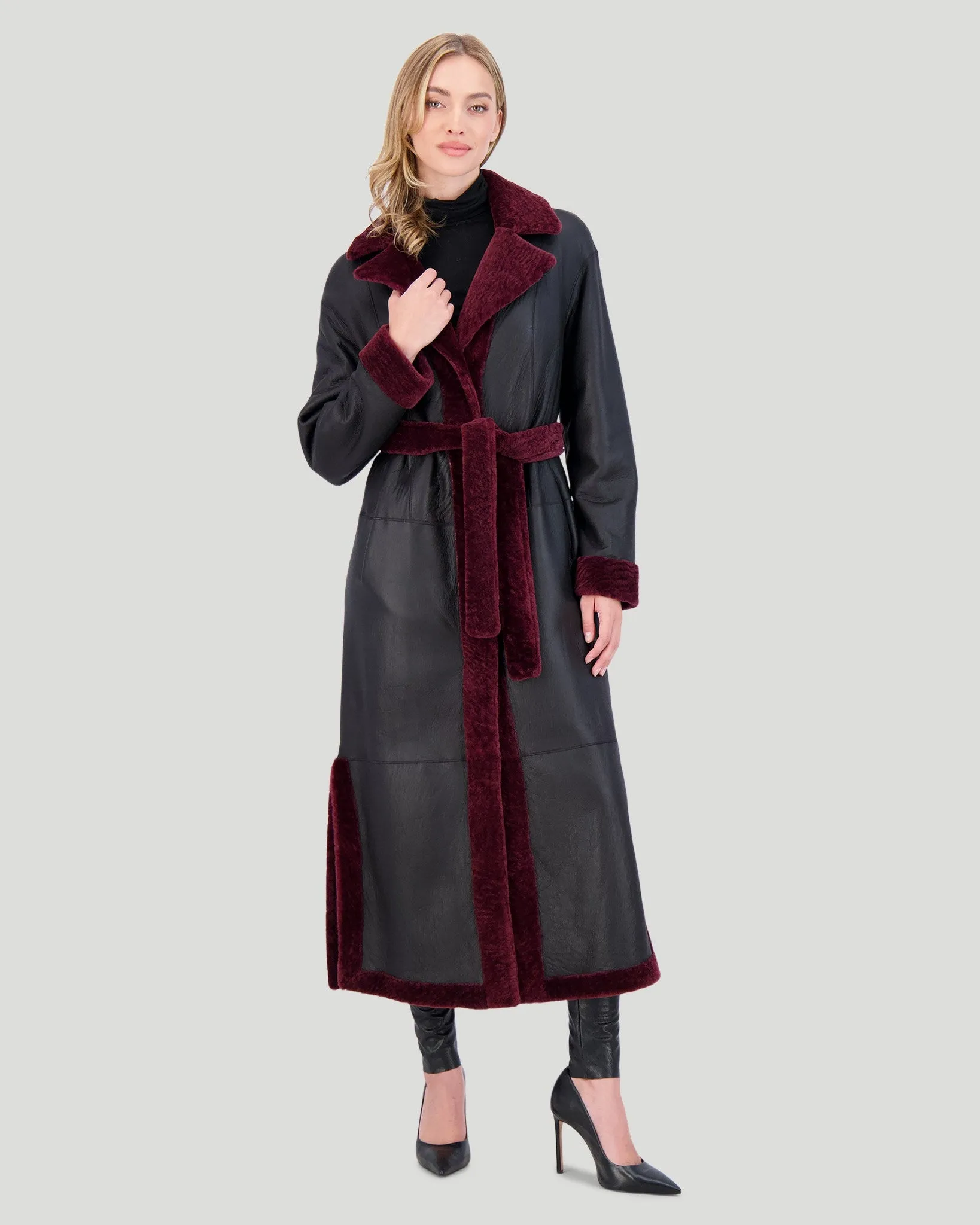 Reversible Select Shearling Lamb Coat with Side Slits and Belt