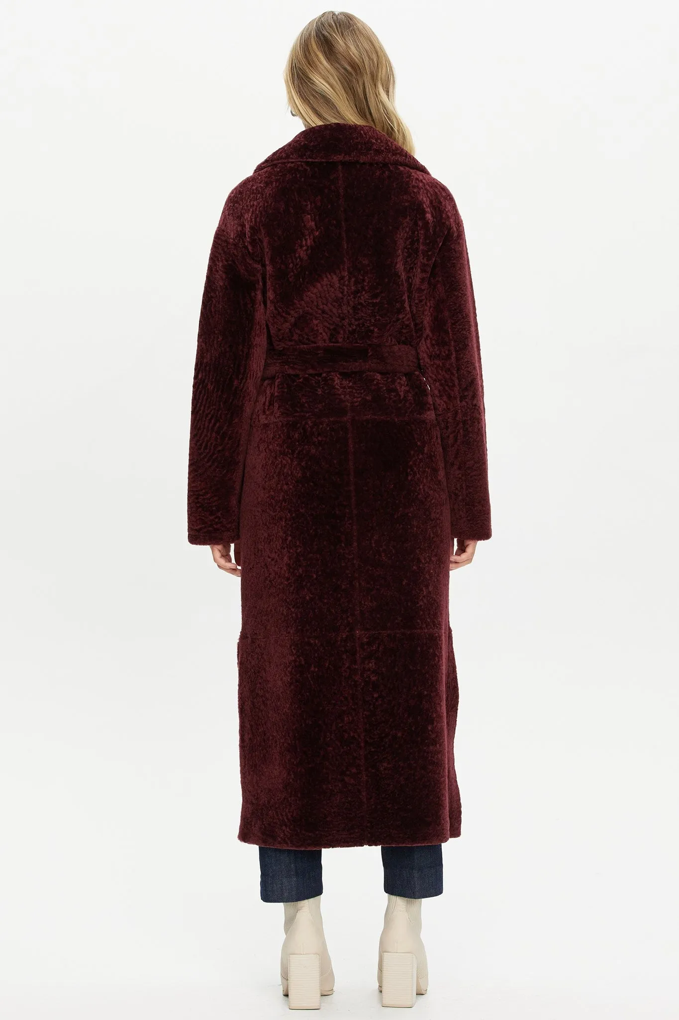 Reversible Select Shearling Lamb Coat with Side Slits and Belt