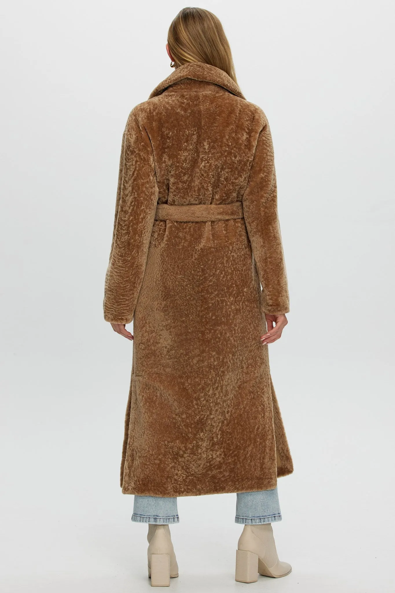 Reversible Select Shearling Lamb Coat with Side Slits and Belt