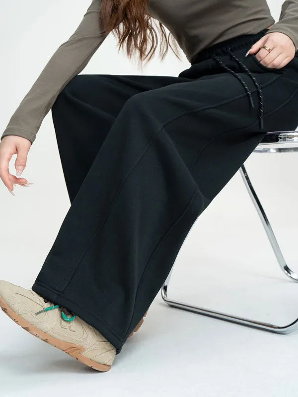 Solid Color Elastic Waist Fleece Baggy Pants