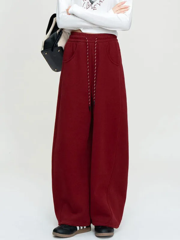 Solid Color Elastic Waist Fleece Baggy Pants