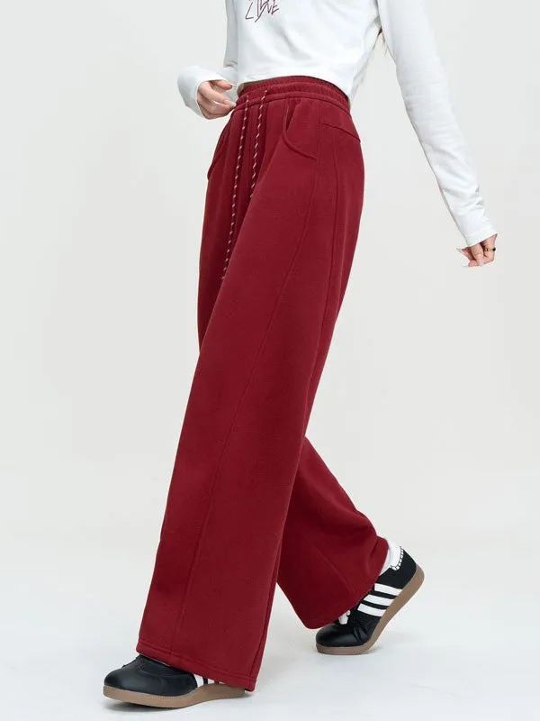 Solid Color Elastic Waist Fleece Baggy Pants