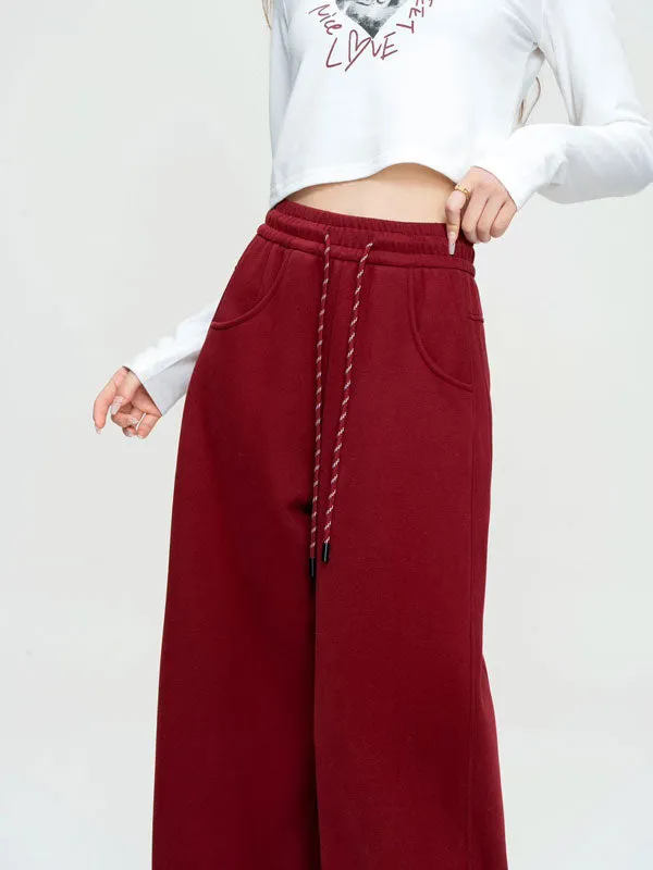 Solid Color Elastic Waist Fleece Baggy Pants