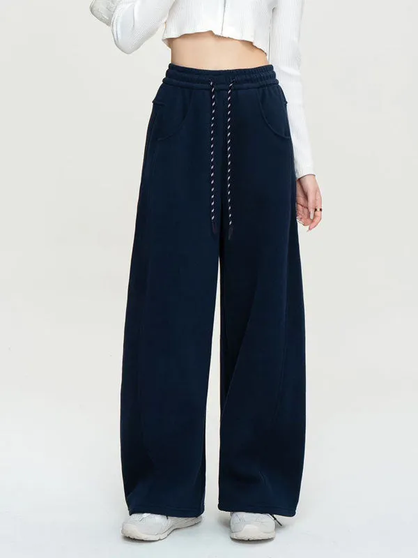 Solid Color Elastic Waist Fleece Baggy Pants