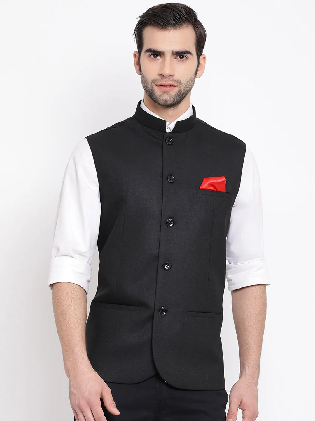 VASTRAMAY Black Nehru Jacket Silk Blend