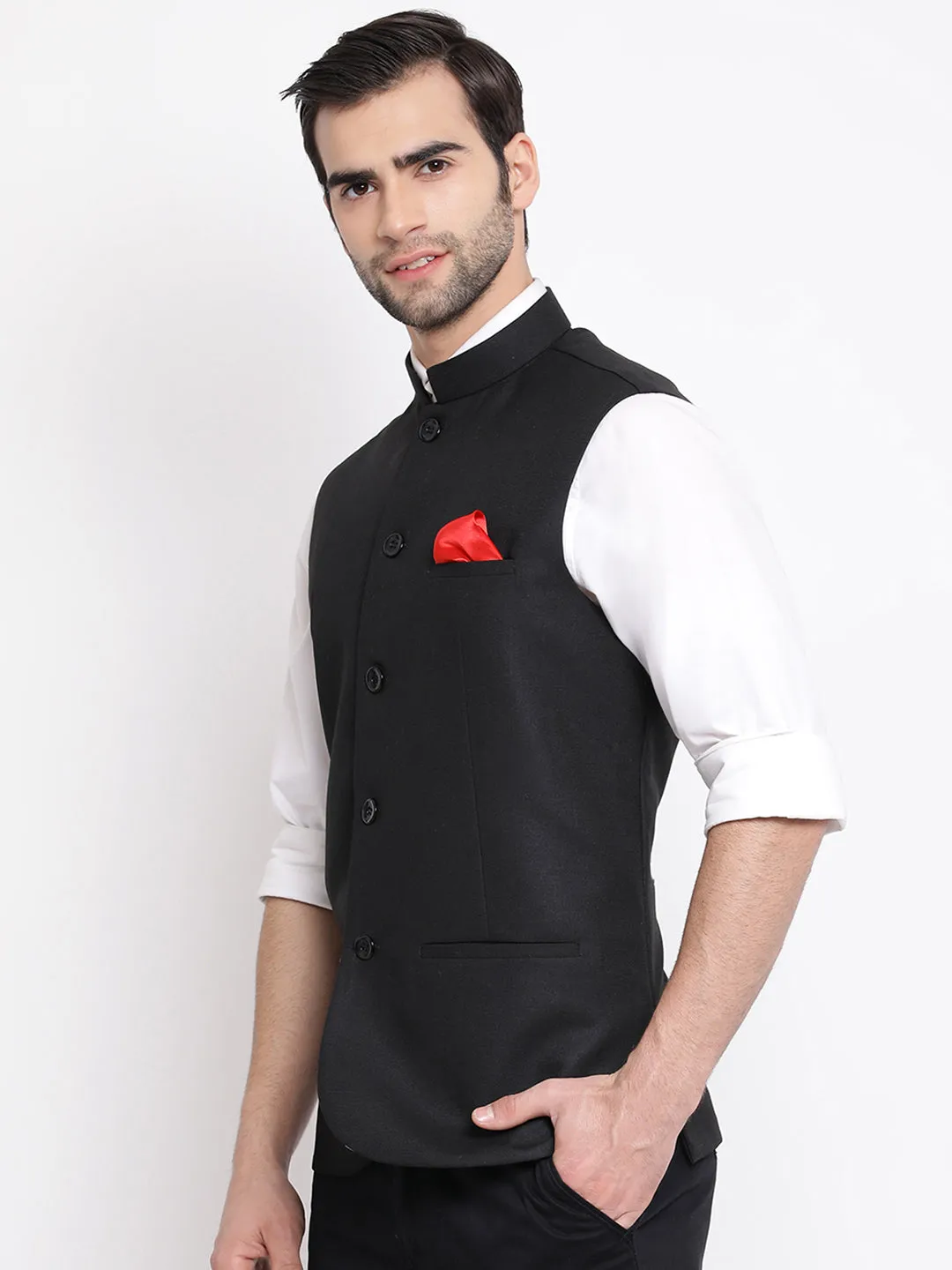 VASTRAMAY Black Nehru Jacket Silk Blend