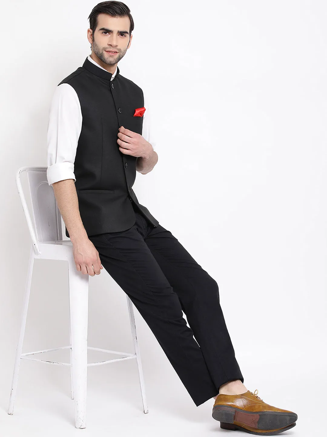 VASTRAMAY Black Nehru Jacket Silk Blend