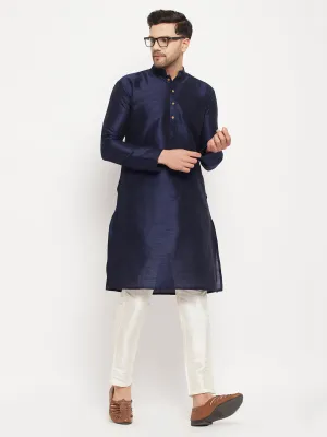 VASTRAMAY Men's Navy Blue Silk Kurta Set