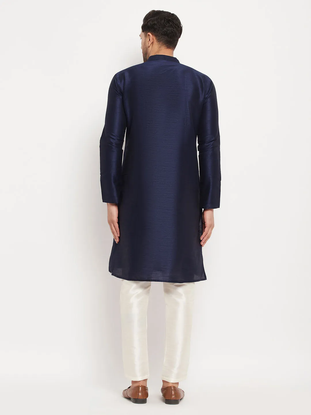 VASTRAMAY Men's Navy Blue Silk Kurta Set