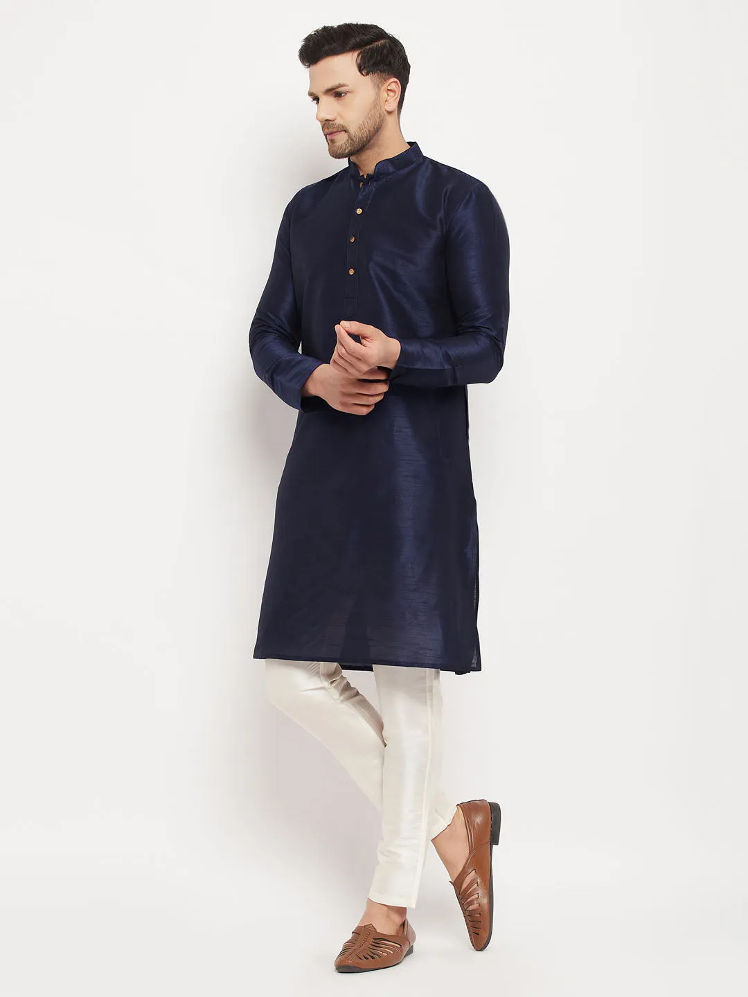 VASTRAMAY Men's Navy Blue Silk Kurta Set