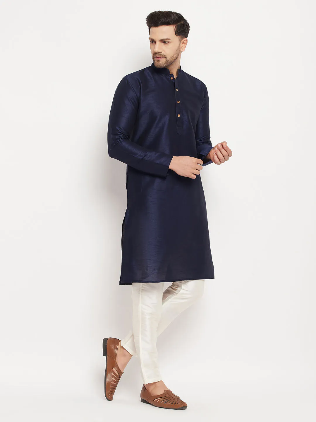 VASTRAMAY Men's Navy Blue Silk Kurta Set