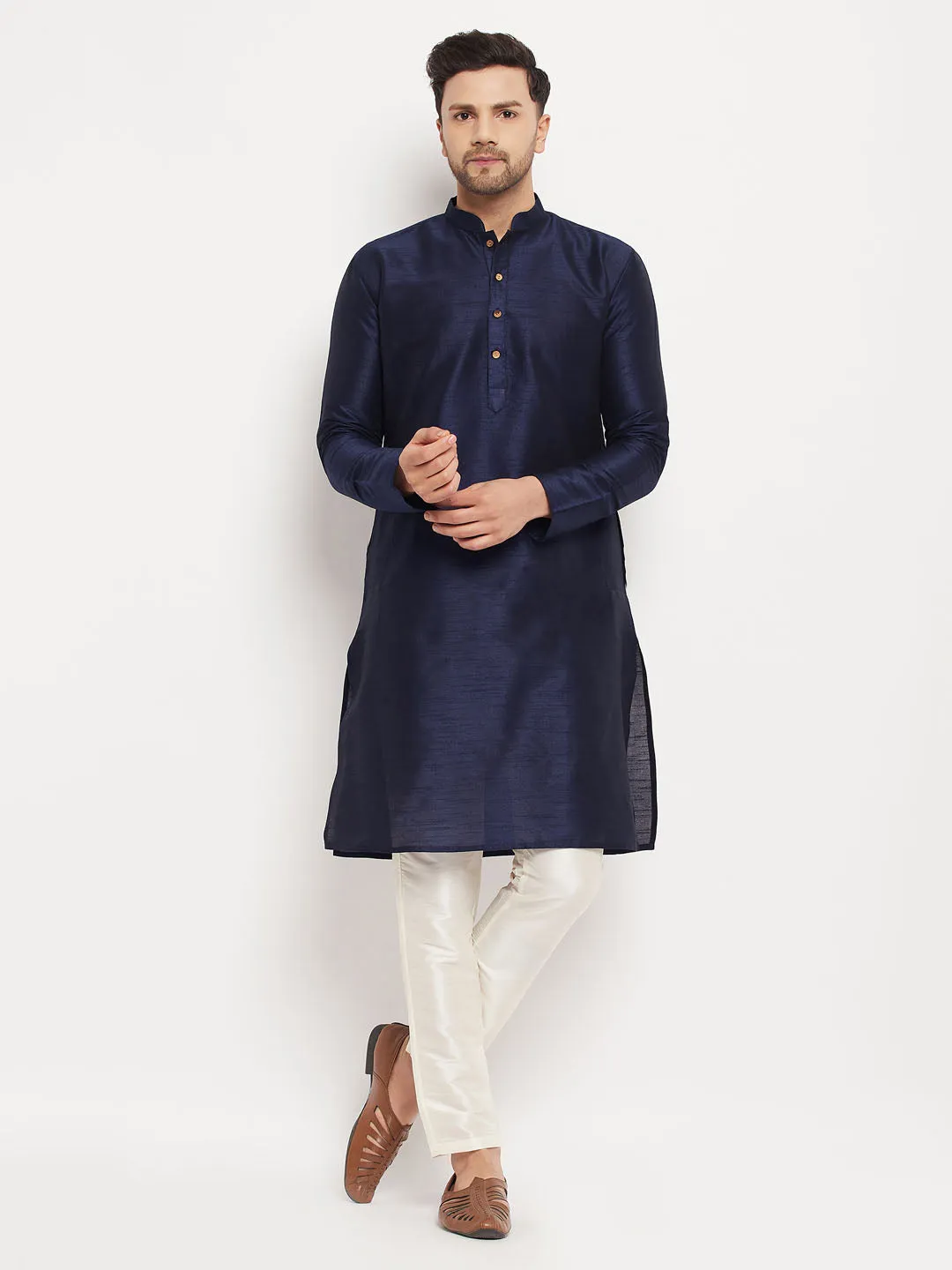 VASTRAMAY Men's Navy Blue Silk Kurta Set