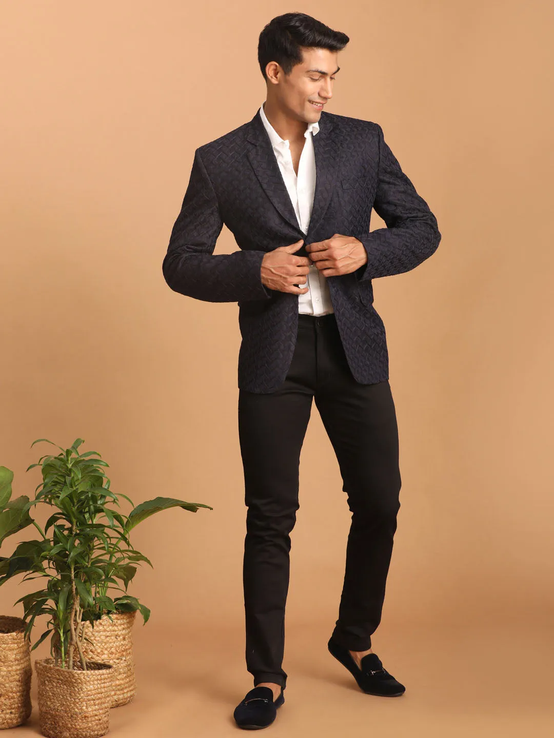 Vastramay Navy Blue Silk Blend Blazer