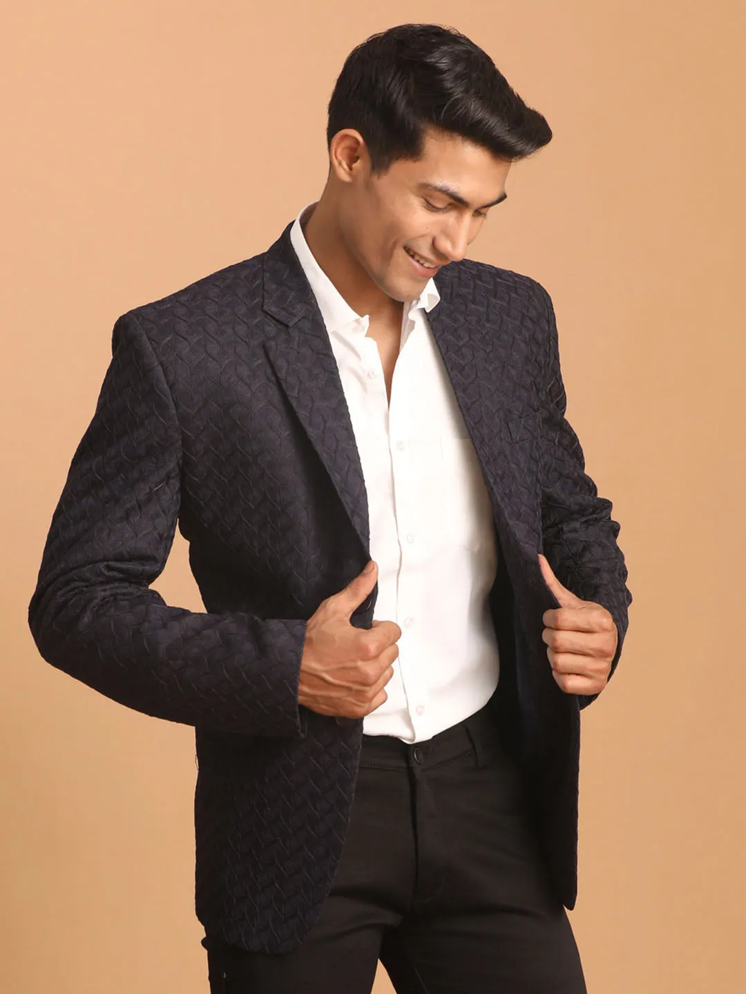 Vastramay Navy Blue Silk Blend Blazer