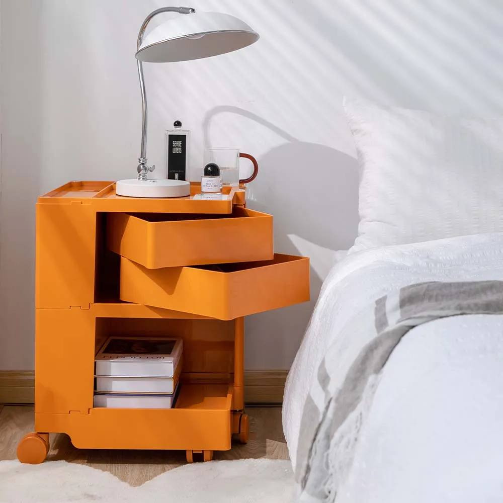 Vernon PP Plastic Bedside Tables Side Tables Nightstand Organizer Replica Boby Trolley 3 Tier with 2 Drawers - Orange