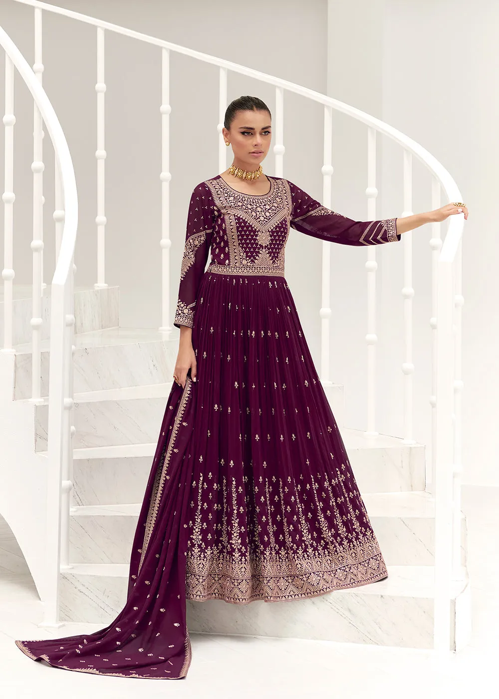 Wine Purple Real Georgette Party Style Anarkali Suit