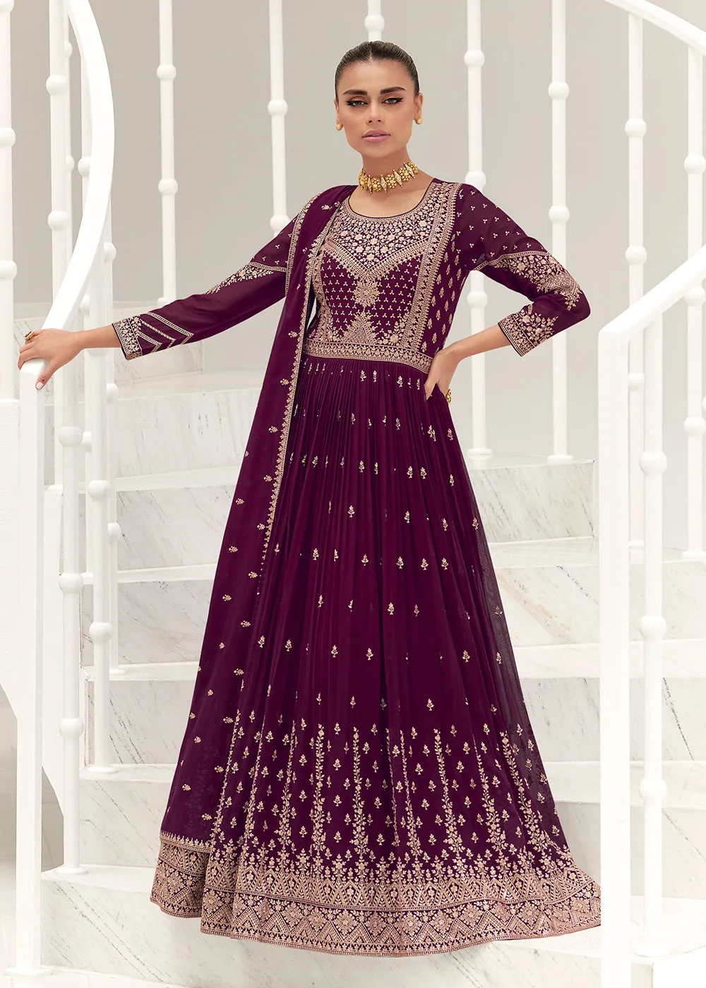 Wine Purple Real Georgette Party Style Anarkali Suit