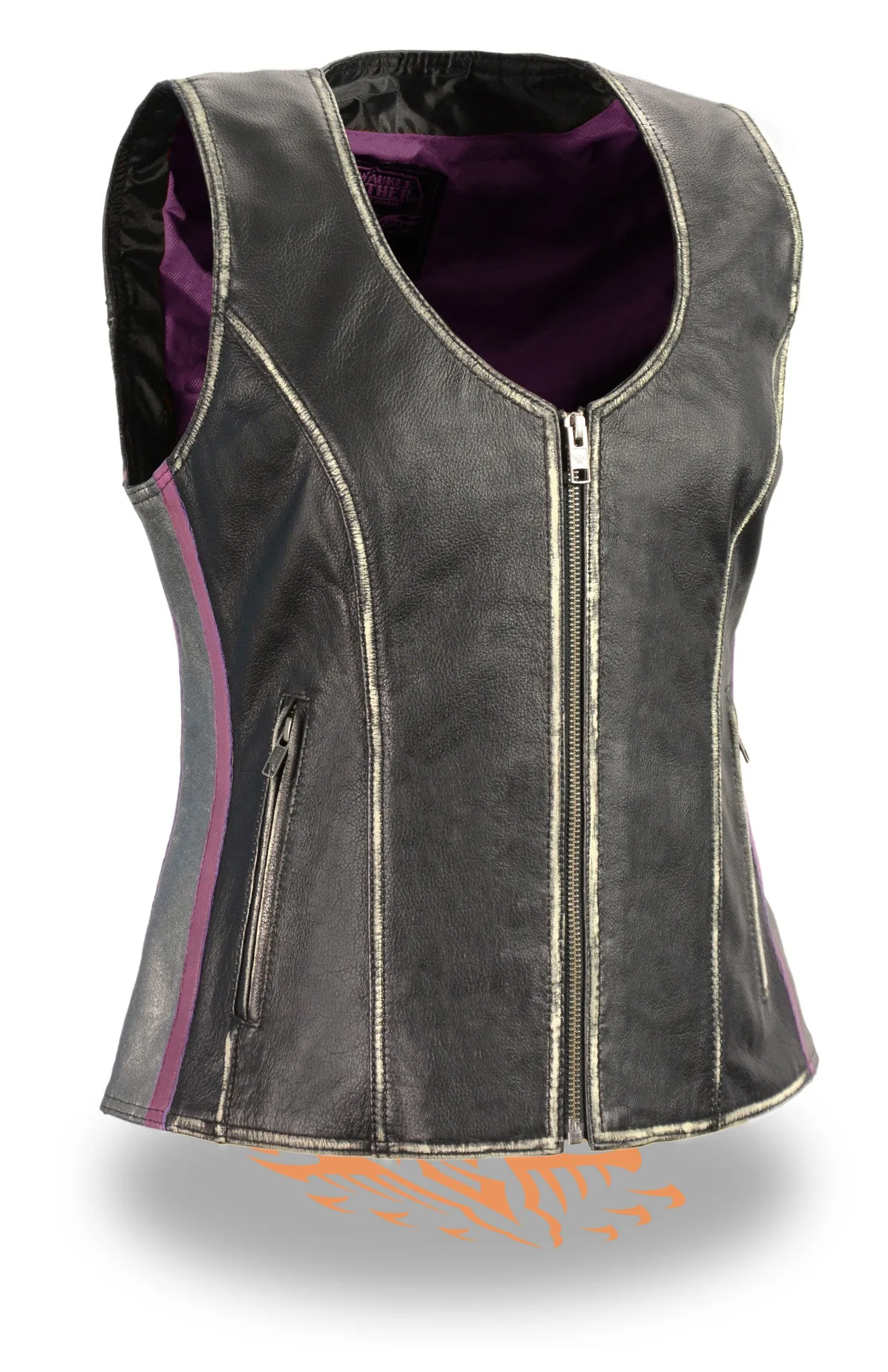 WOMEN'S RUBOFF OLD LOOK BLK & SILVER ZIPPER FRONT VEST W/2 GUN POCKETS